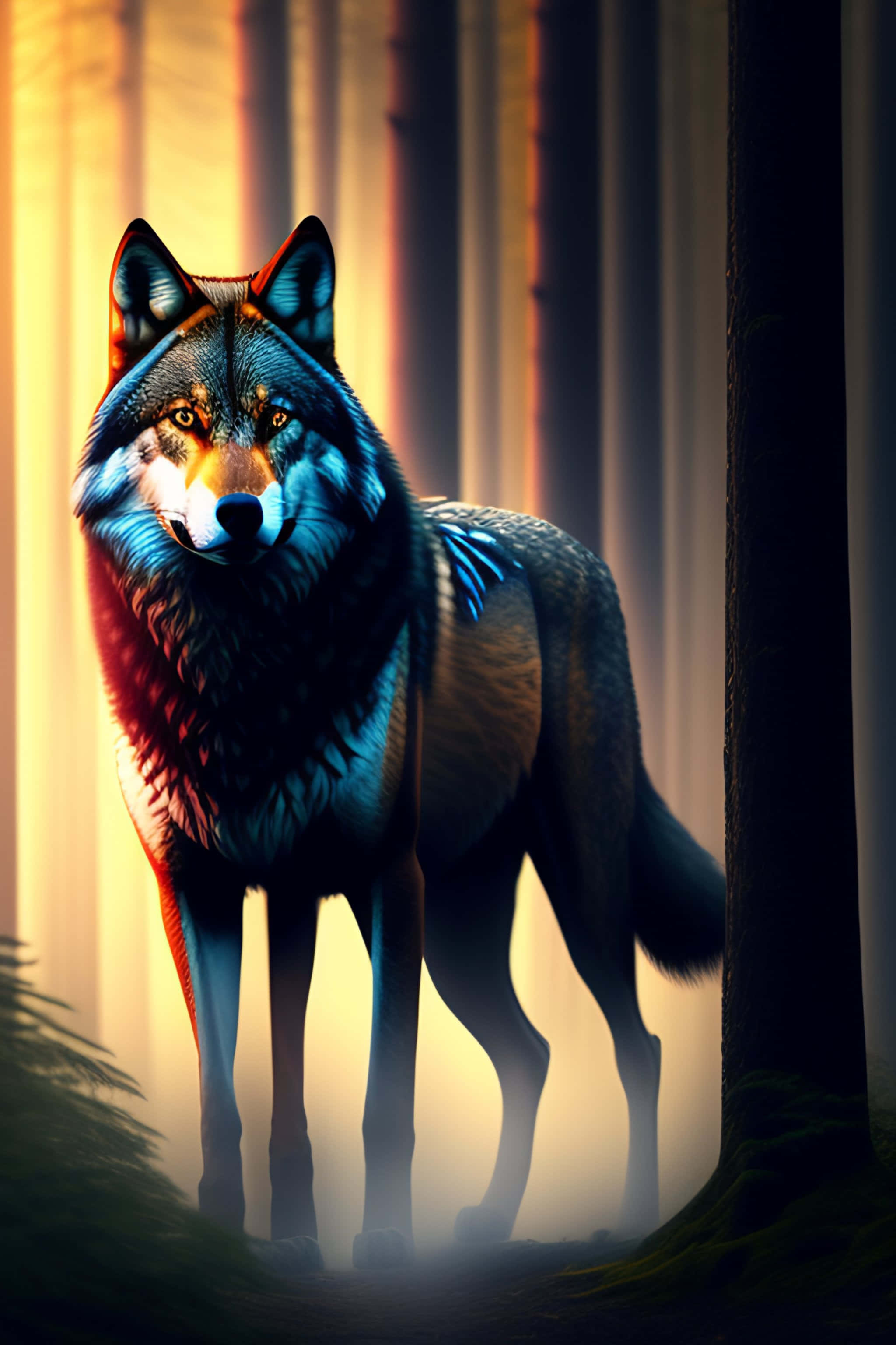 Lone Wolf, snowy white forest, sunlit forest, 2K Phone Wallpaper