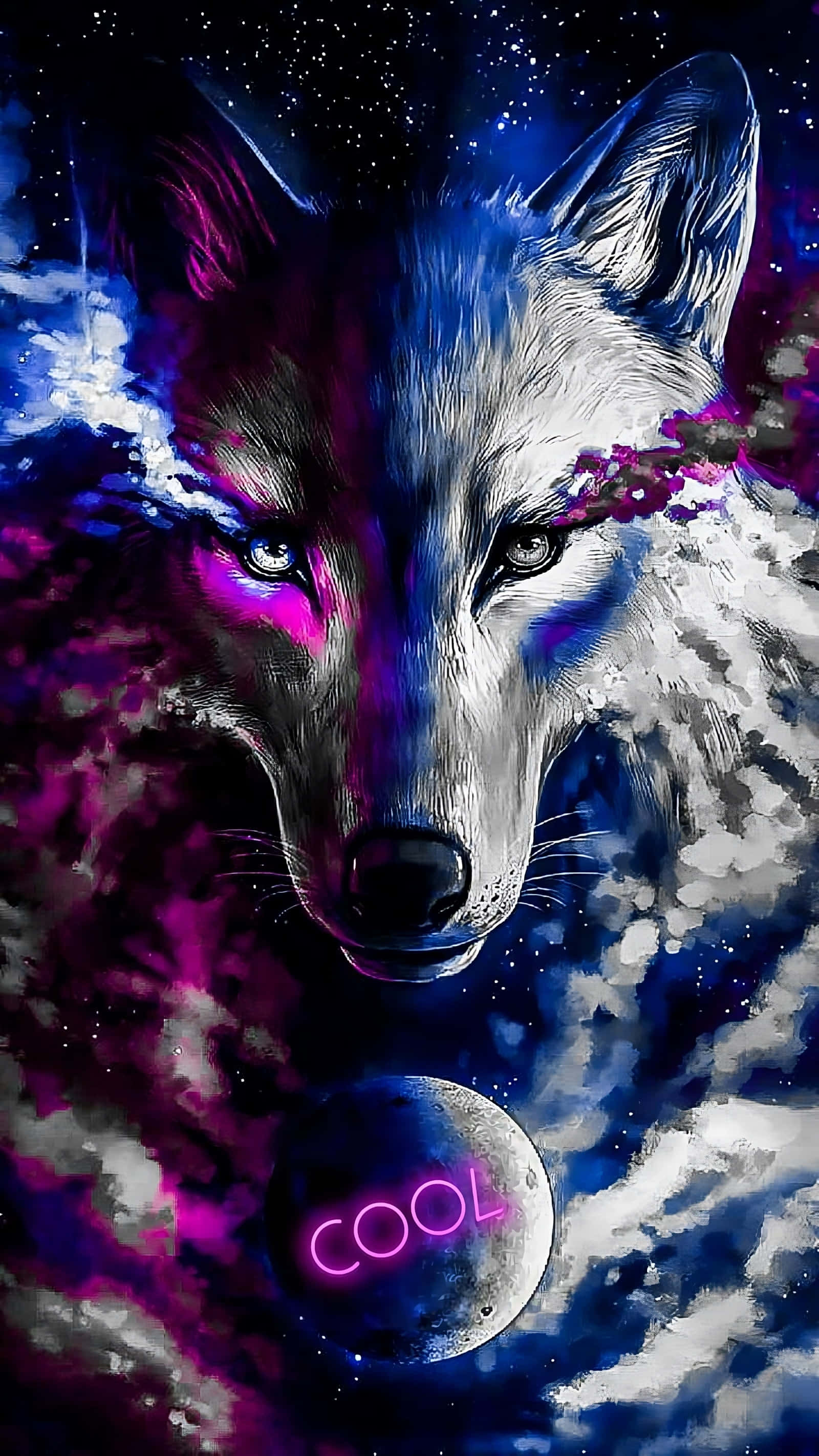 lone wolf, cosmic nebula, neon pink, 2K Phone Wallpaper