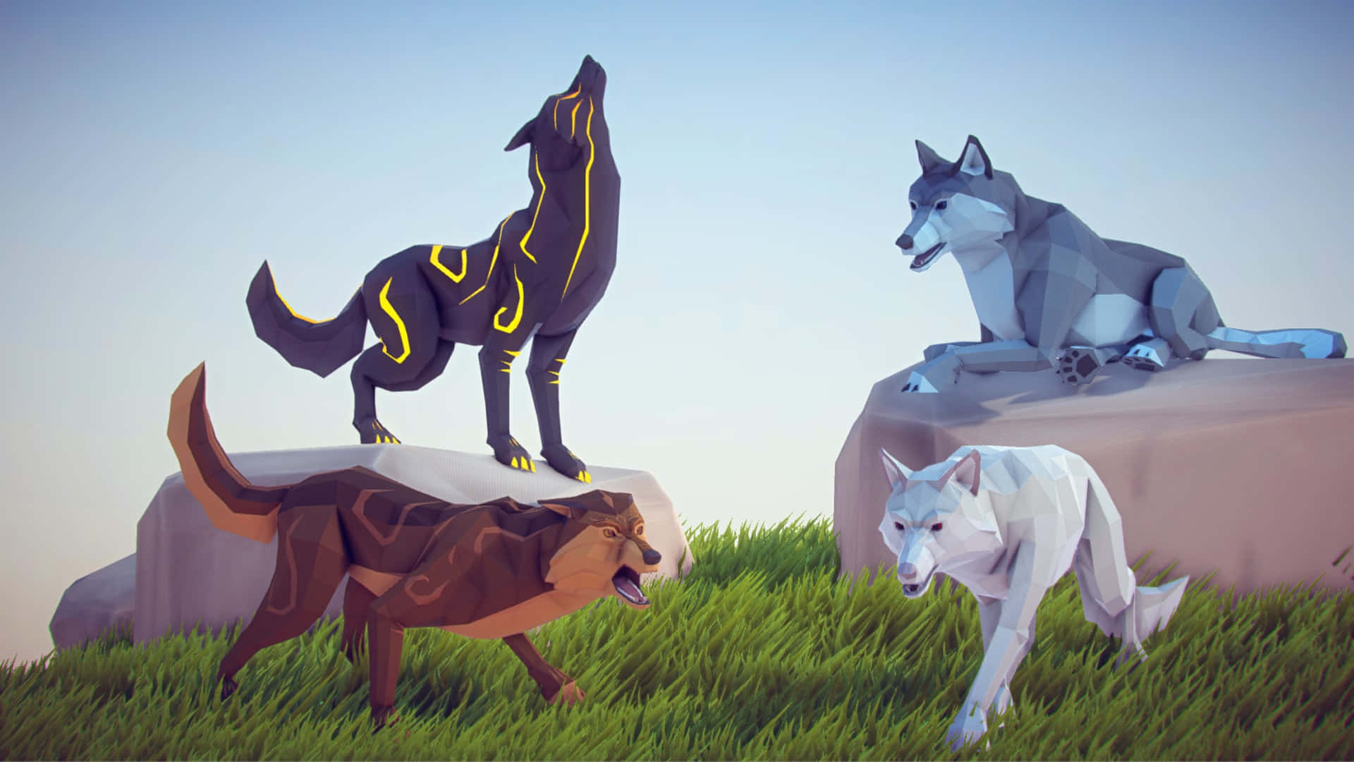 Lone Wolf, low-poly art, glowing yellow lines, Full HD Desktop Wallpaper