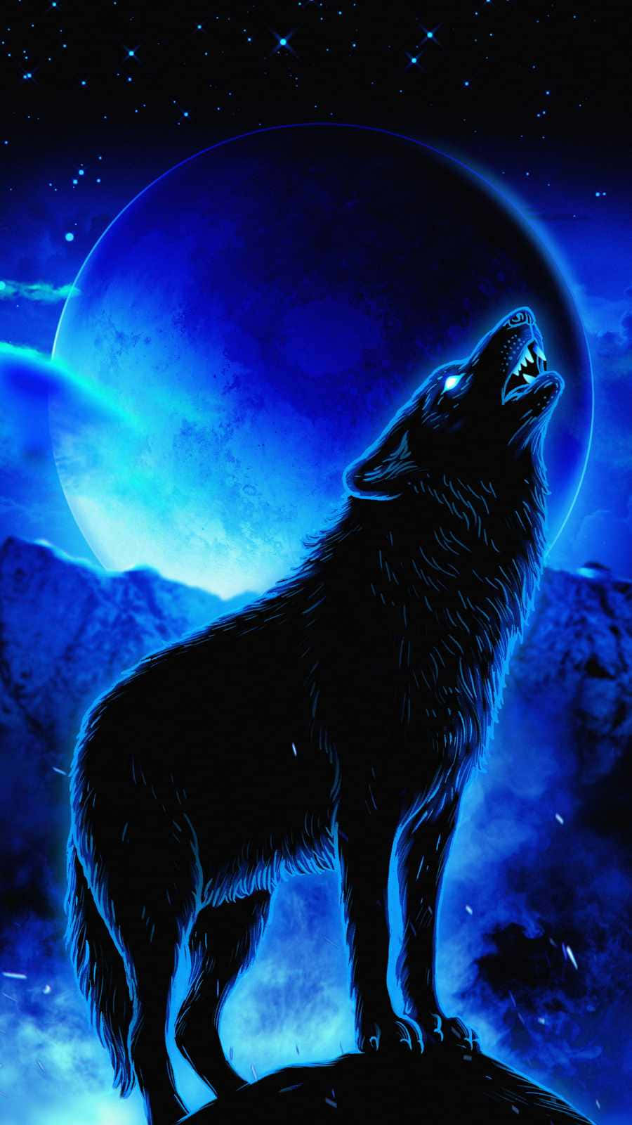 Lone Wolf, glowing blue moon, starry night sky, HD Phone Wallpaper