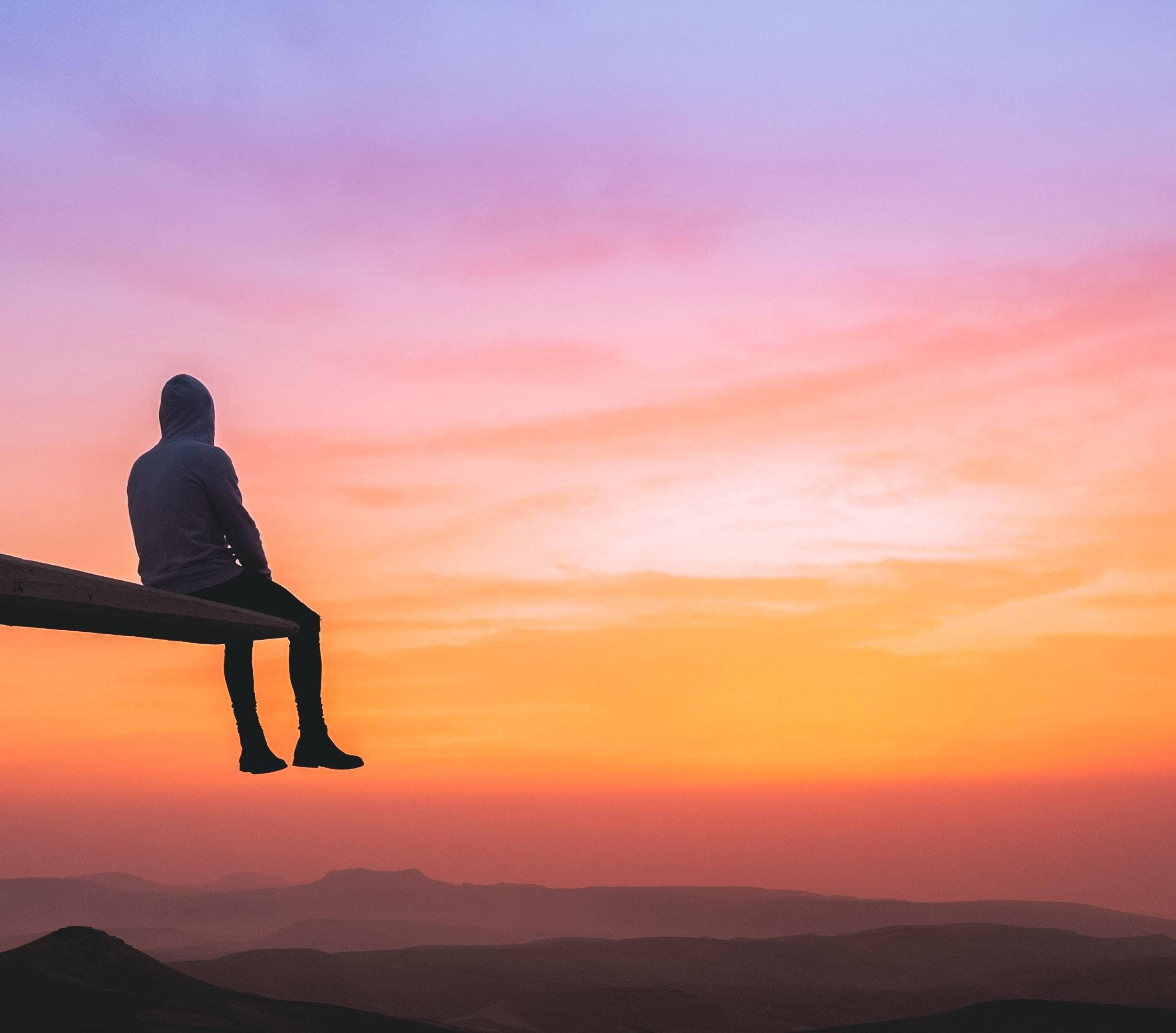 hooded figure, wooden bench, mountain range, Full HD Desktop Wallpaper