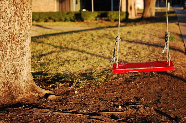 red wooden swing, tree, sunlit backyard, SD Desktop Wallpaper