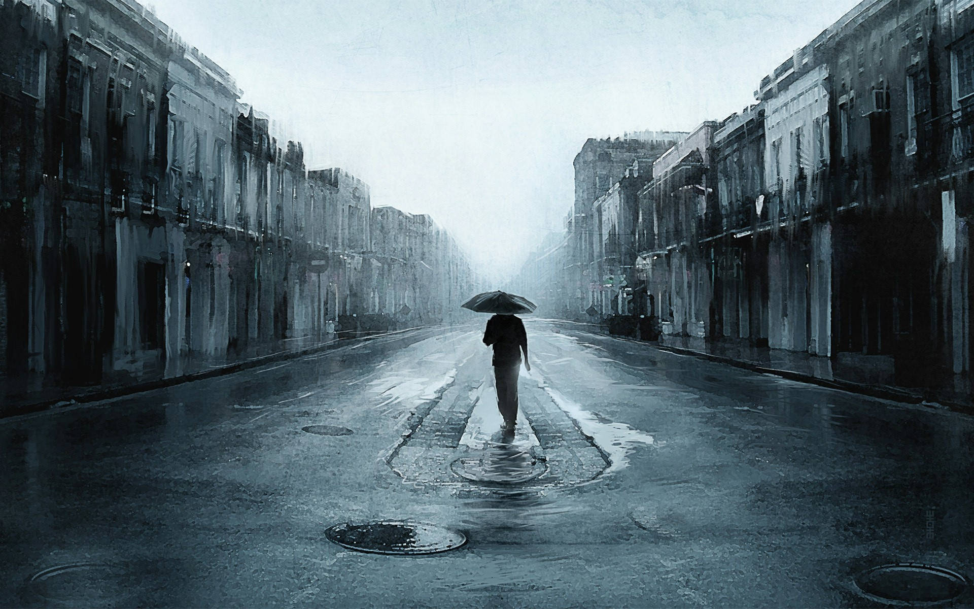 Lonely Man in the Rain, umbrella, wet city street, Full HD Desktop Wallpaper