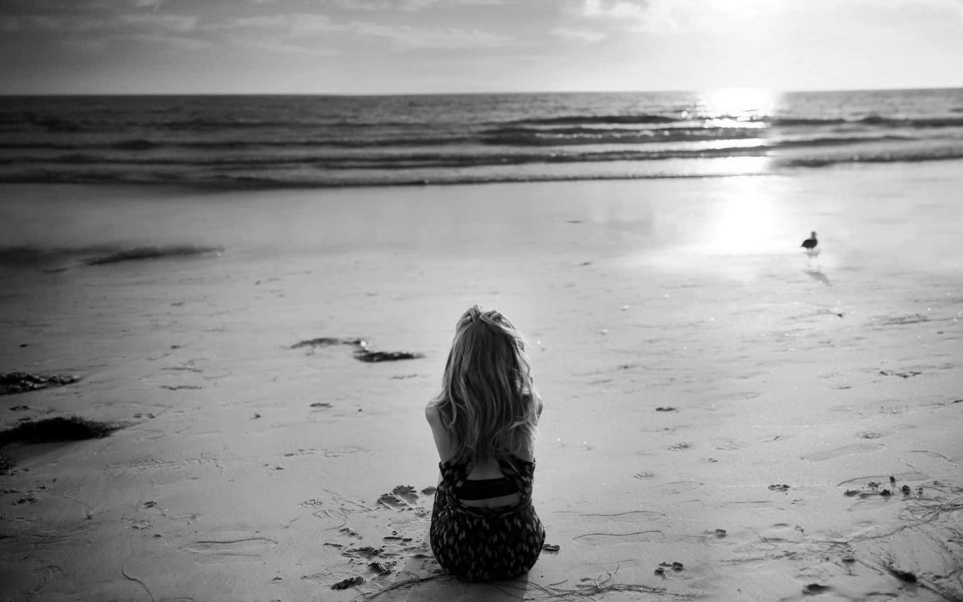lonely girl, beach, blonde hair, Full HD Desktop Wallpaper