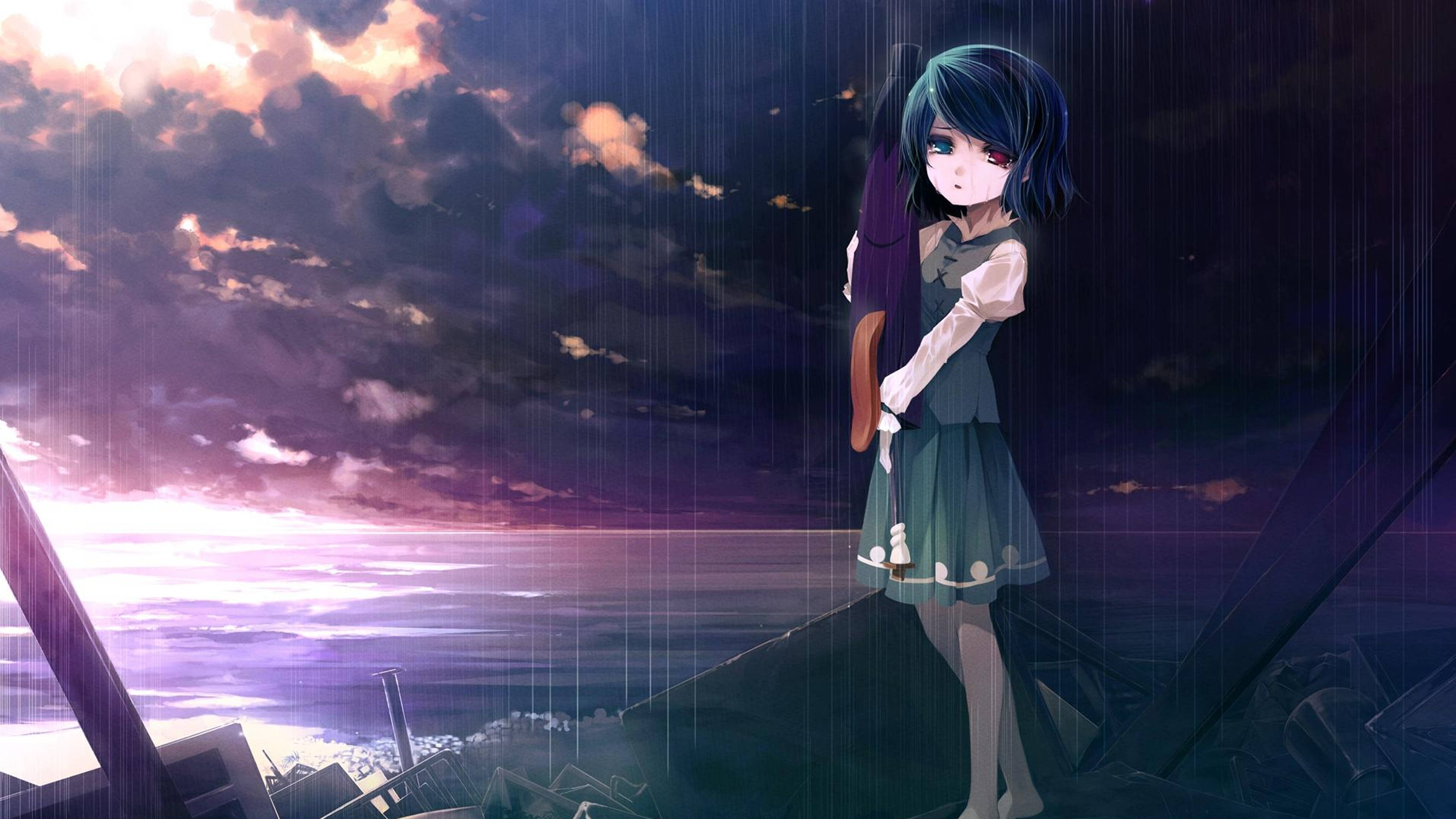 blue-haired anime girl, ruined ship deck, stormy twilight sky, 4K Desktop Wallpaper