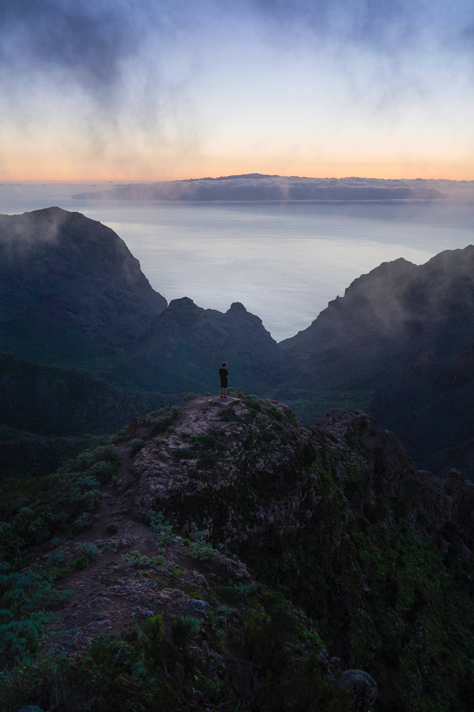 lonely woman, mountain ridge, dawn, Full HD Phone Wallpaper