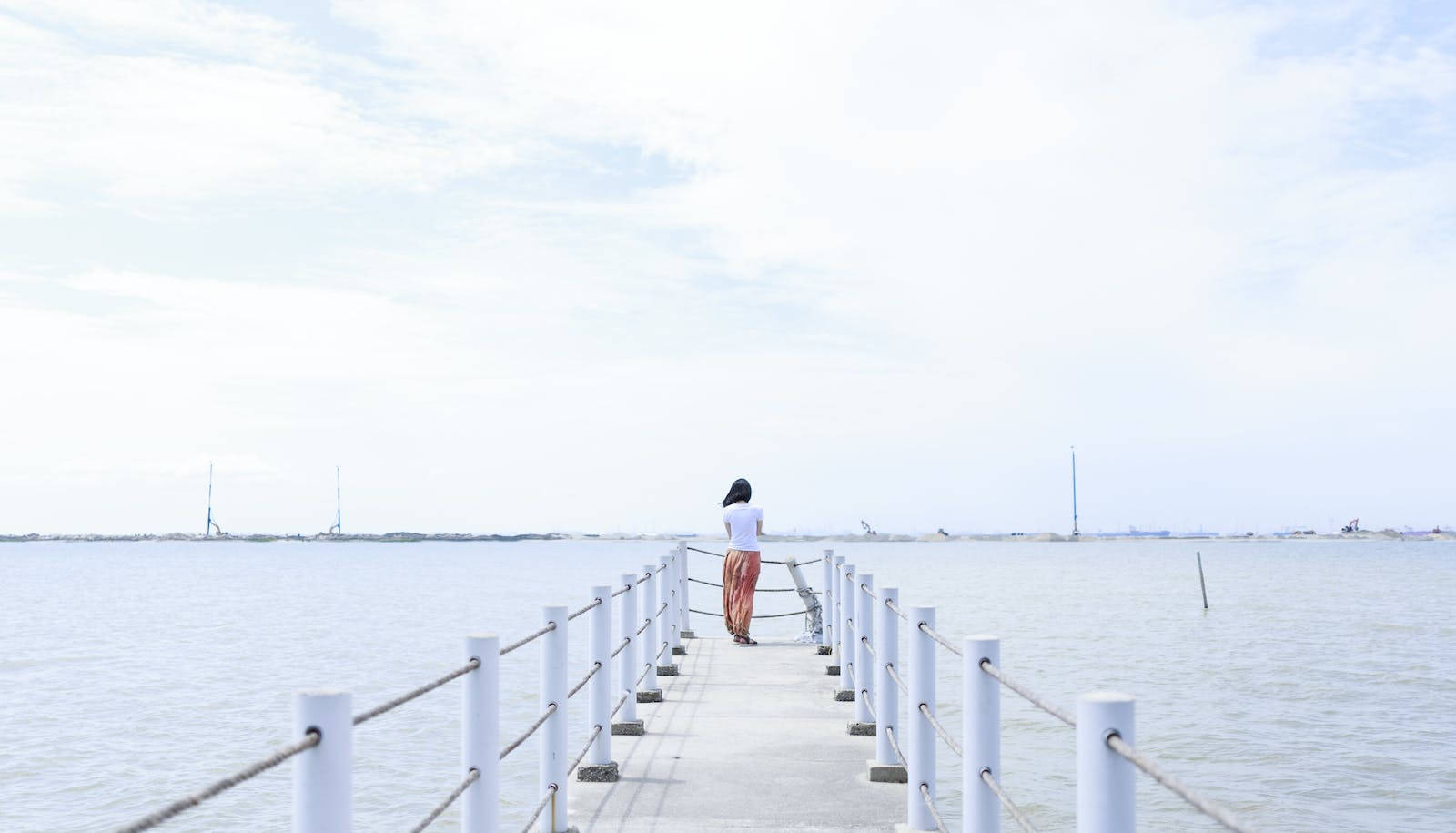 lonely woman, white pier, calm waters, HD Desktop Wallpaper