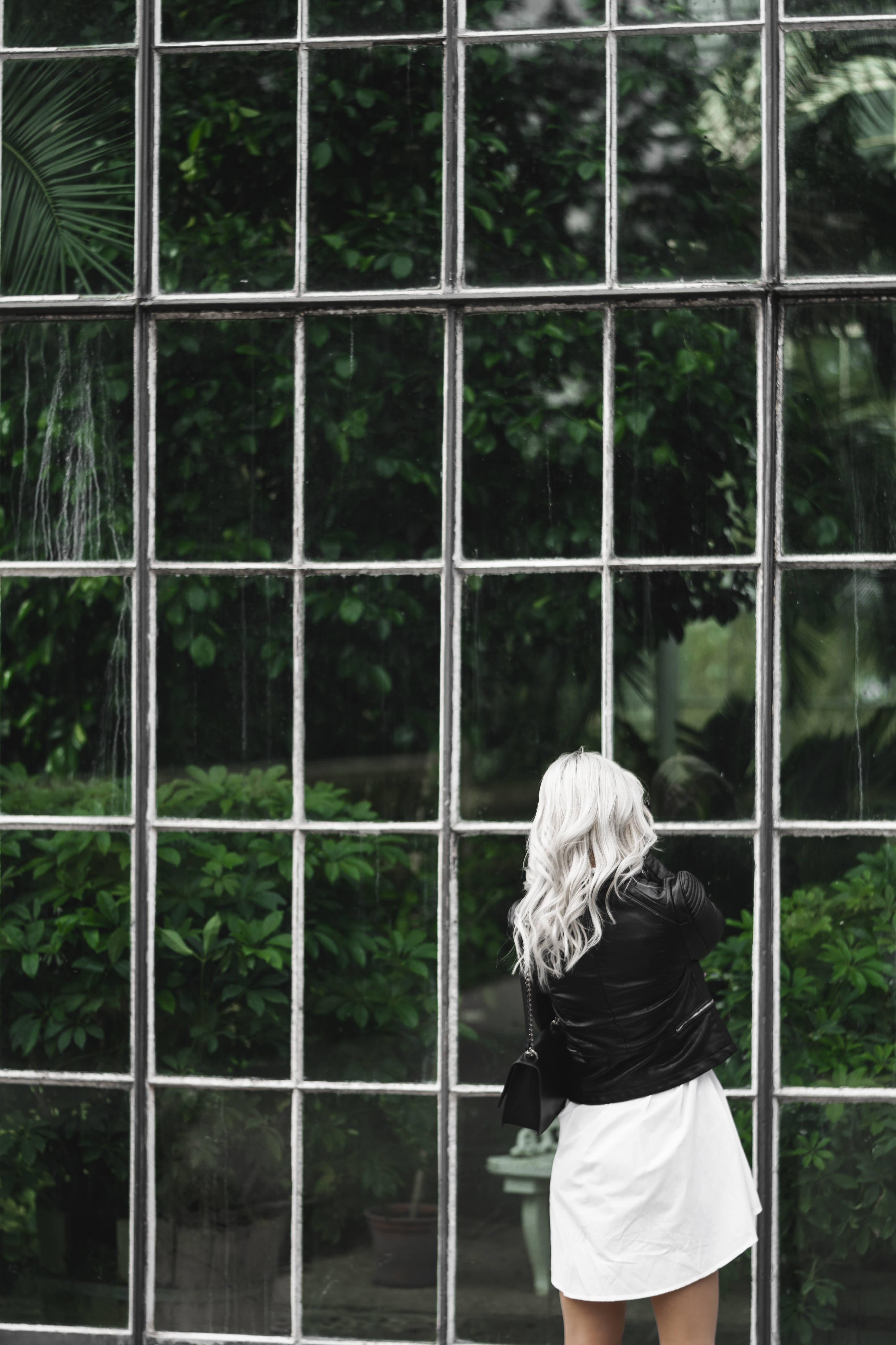 platinum blonde hair, black jacket, white skirt, 5K Phone Wallpaper