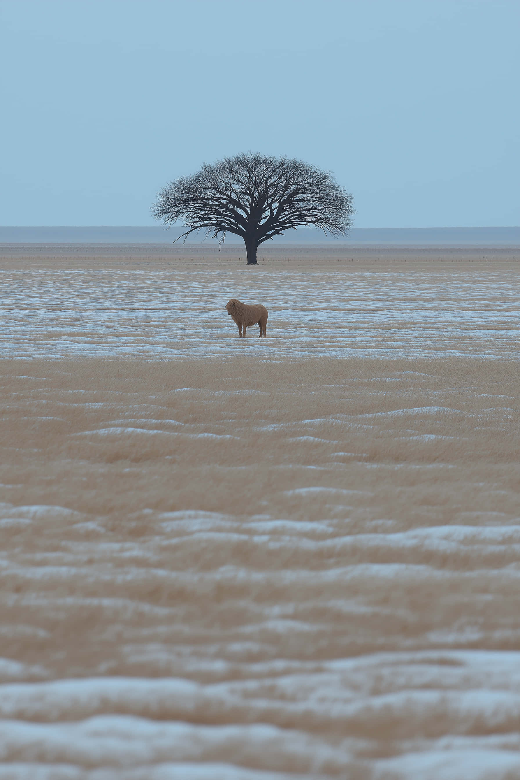 lone sheep, solitary leafless tree, vast field of dry grass and snow, 2K Phone Wallpaper