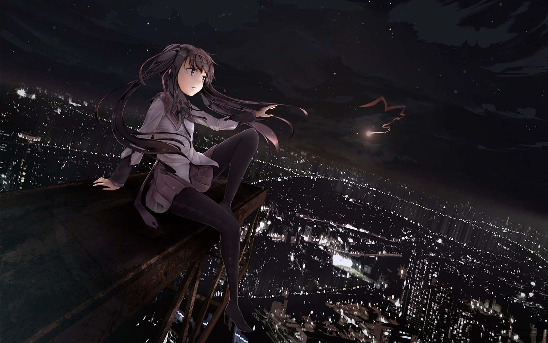 Loner, anime girl, long dark hair, Full HD Desktop Wallpaper