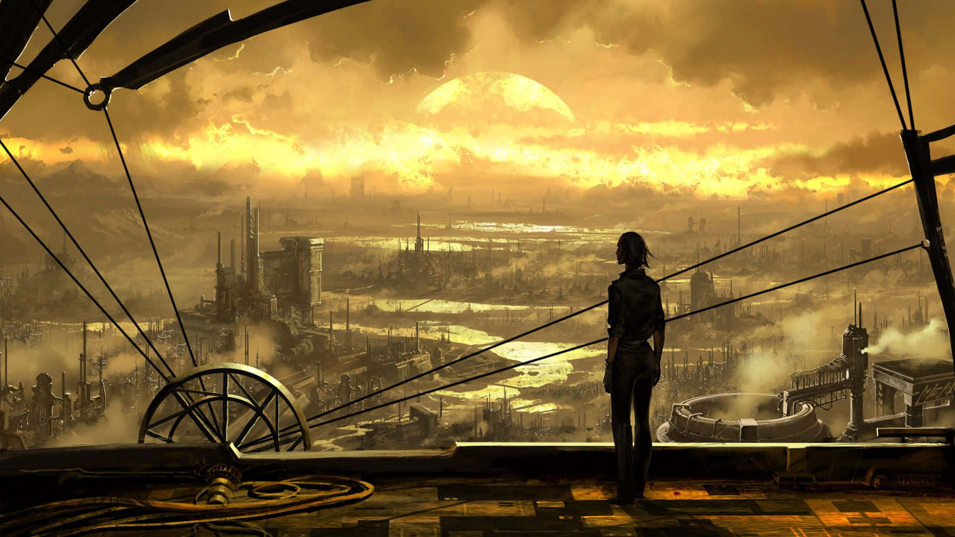 Loner, rusty platform, steampunk city, Full HD Desktop Wallpaper
