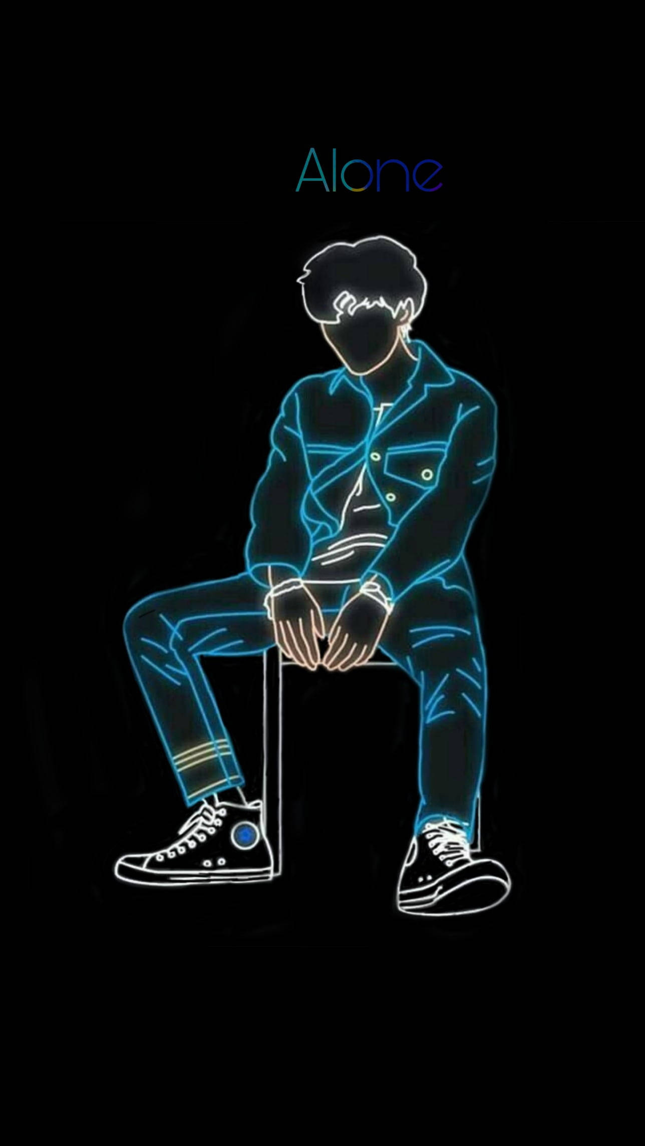 neon outline, person sitting alone, stool, Full HD Phone Wallpaper