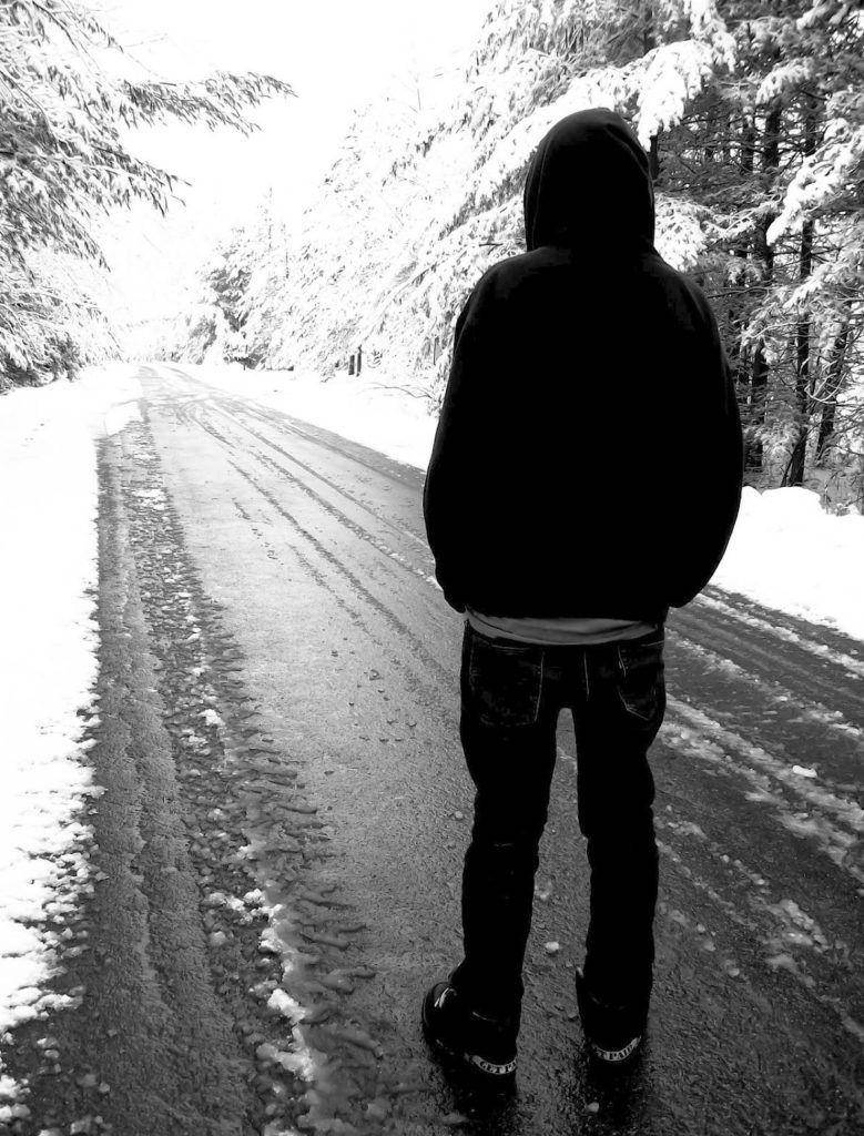 lone boy, snow-lined road, winter forest, SD Phone Wallpaper