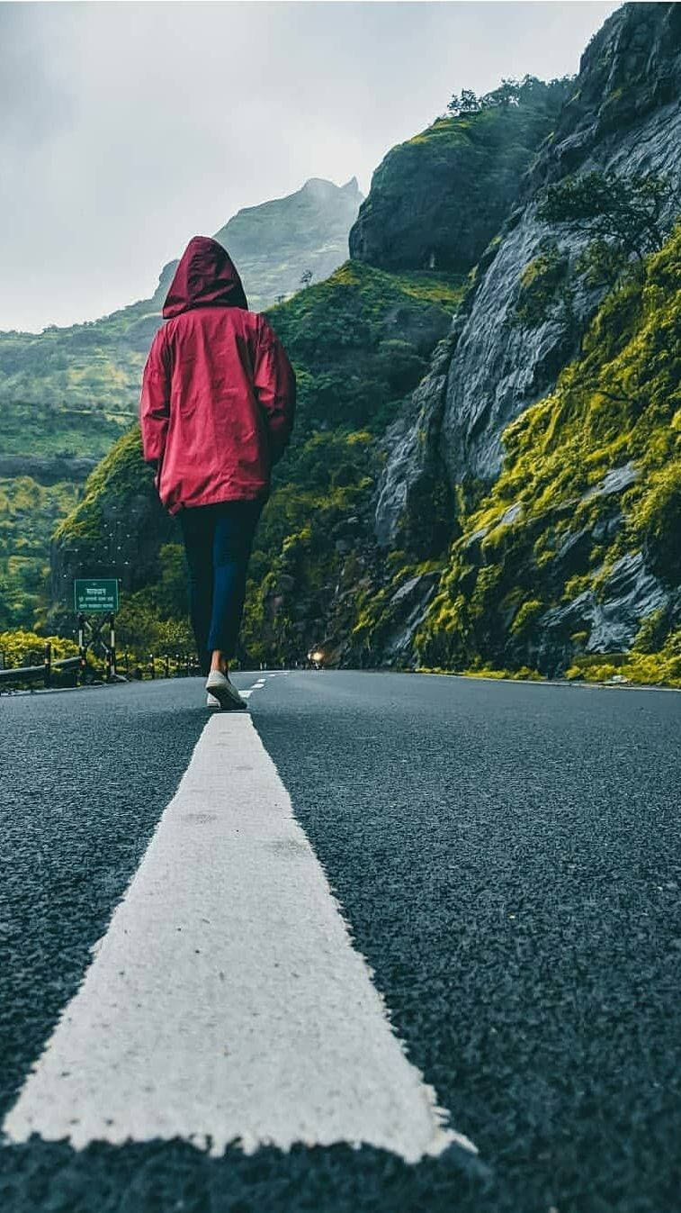 Love Alone Walking, red hooded jacket, winding mountain road, HD Phone Wallpaper