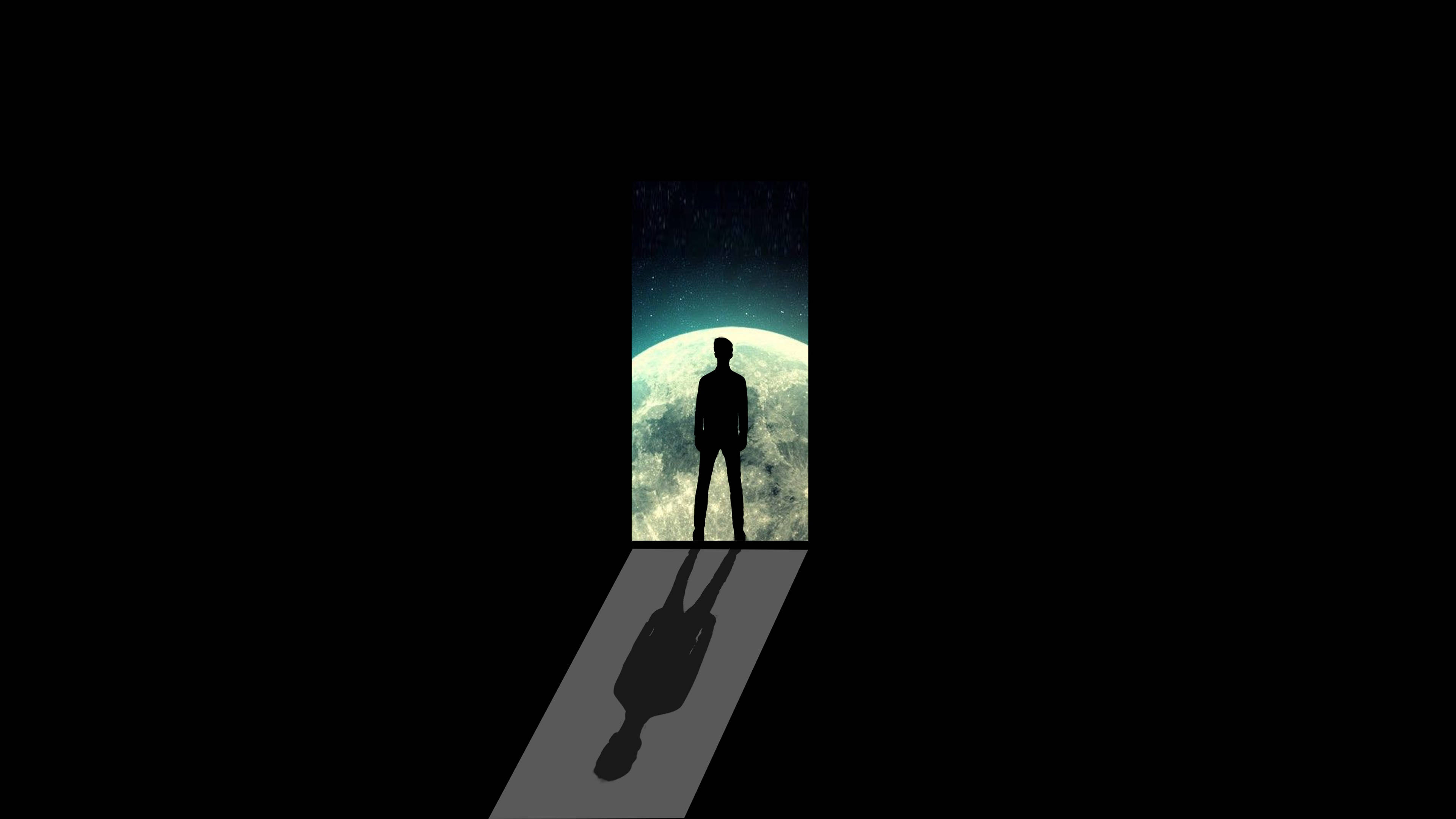 moon, doorway, starry cosmic scene, 4K Desktop Wallpaper