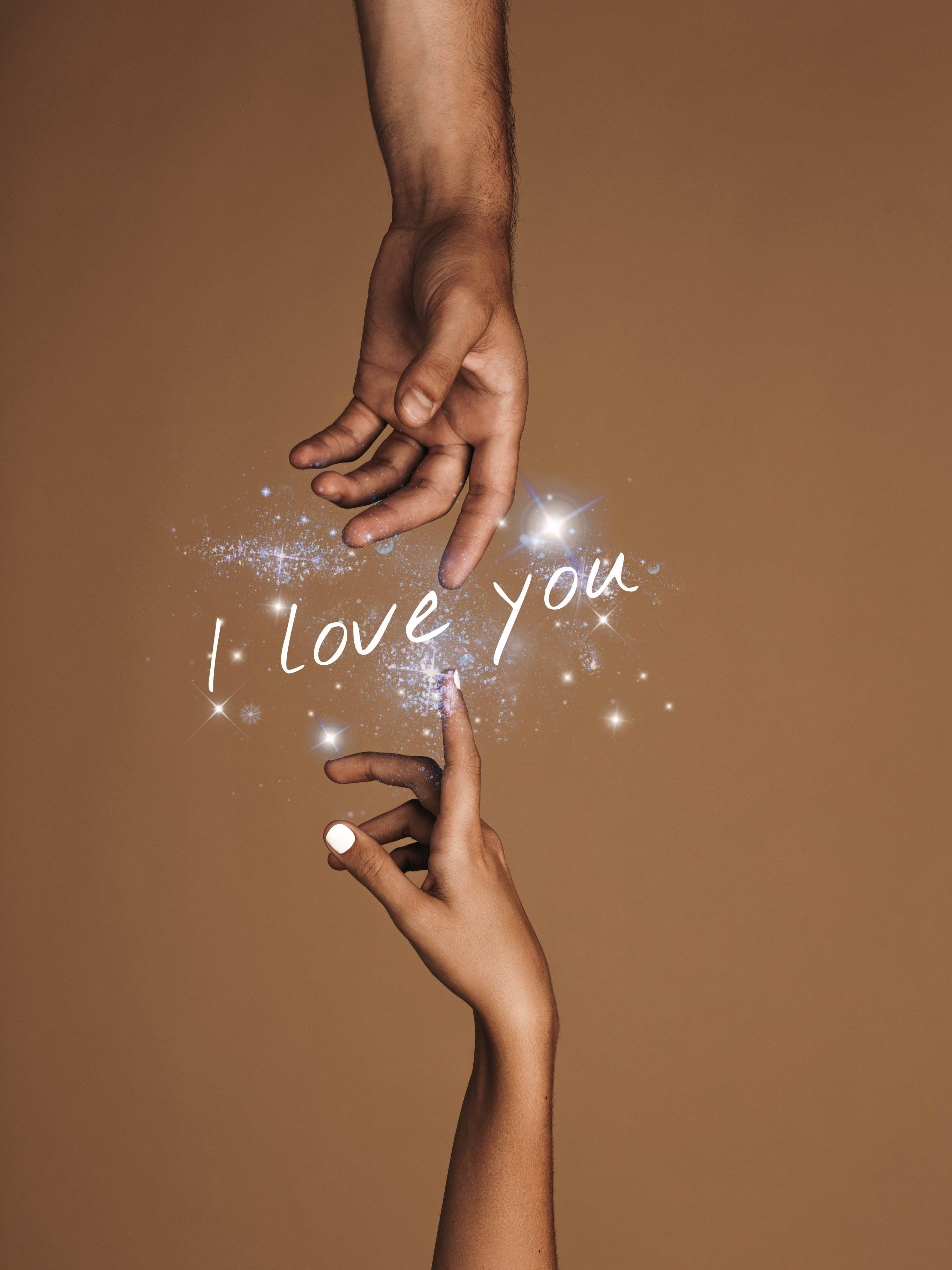 I love you, sparkling particles, warm brown background, 2K Phone Wallpaper