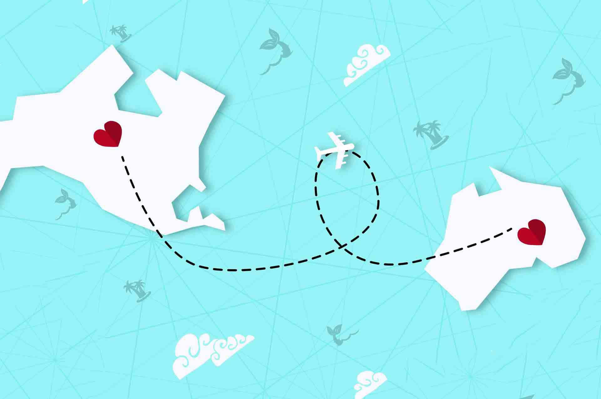 Long Distance Relationship, vector art, dotted flight path, Full HD Desktop Wallpaper
