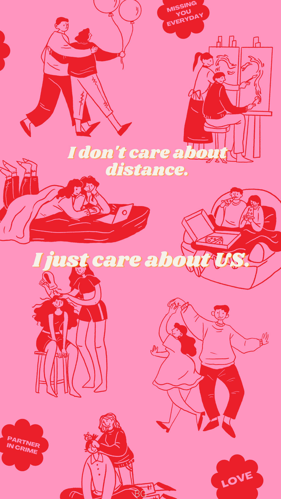 Long Distance Relationship, pink background, red line art, Full HD Phone Wallpaper