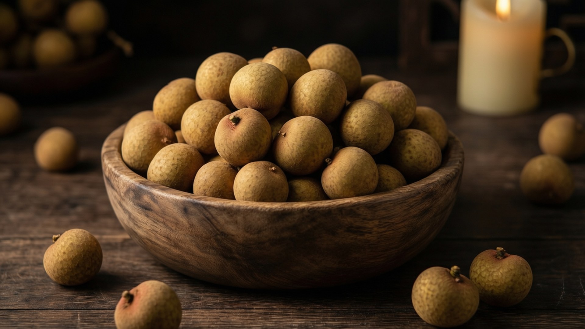 longan, wooden bowl, dark wooden table, Full HD Desktop Wallpaper