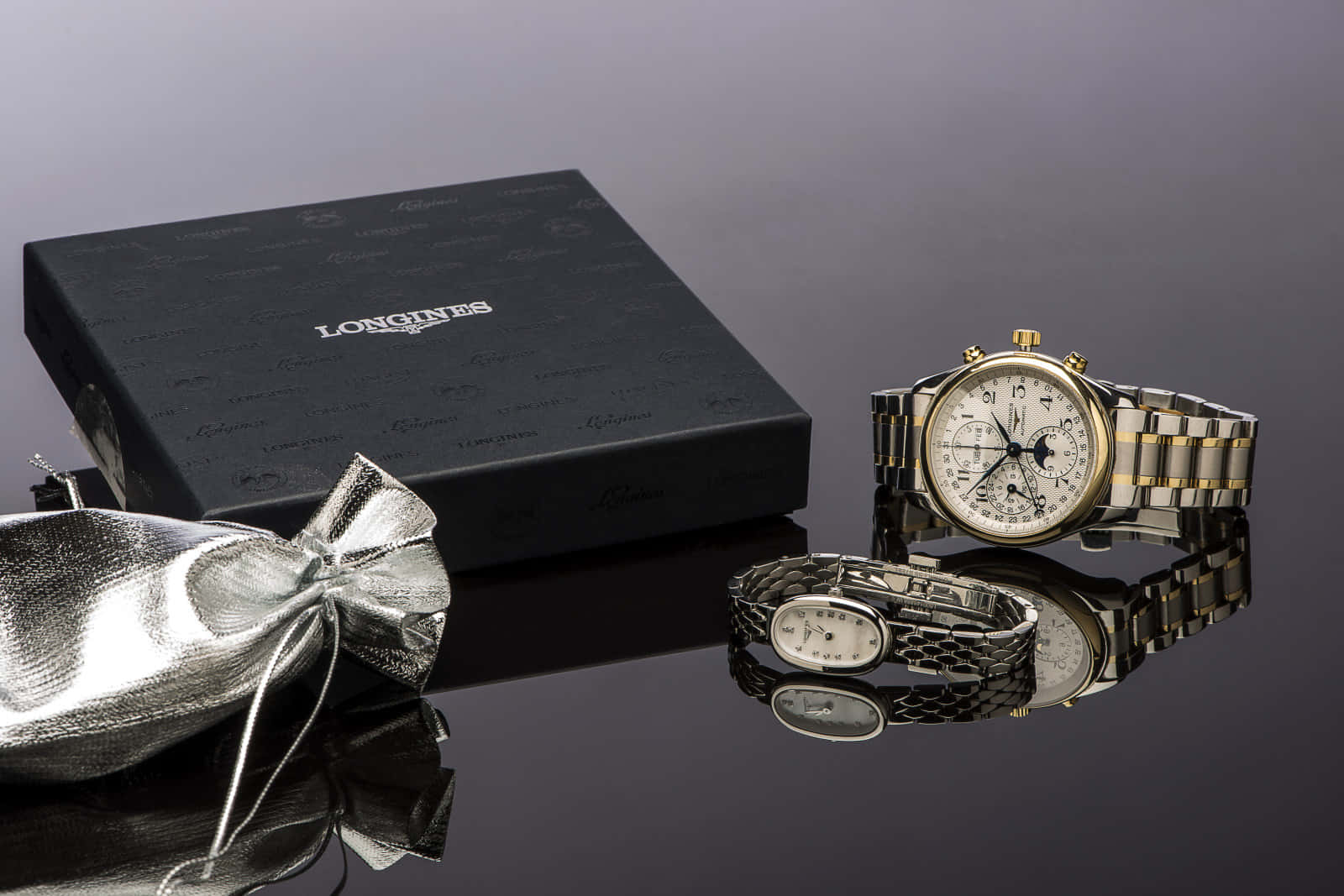 Longines, gold and silver accents, black box, HD Desktop Wallpaper