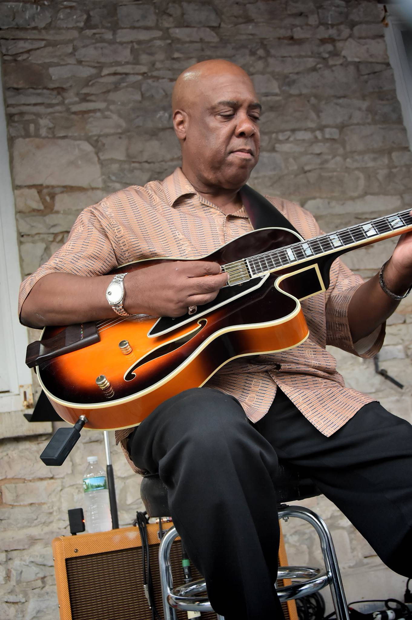 Lonnie Johnson, sunburst archtop guitar, stone wall, Full HD Phone Wallpaper
