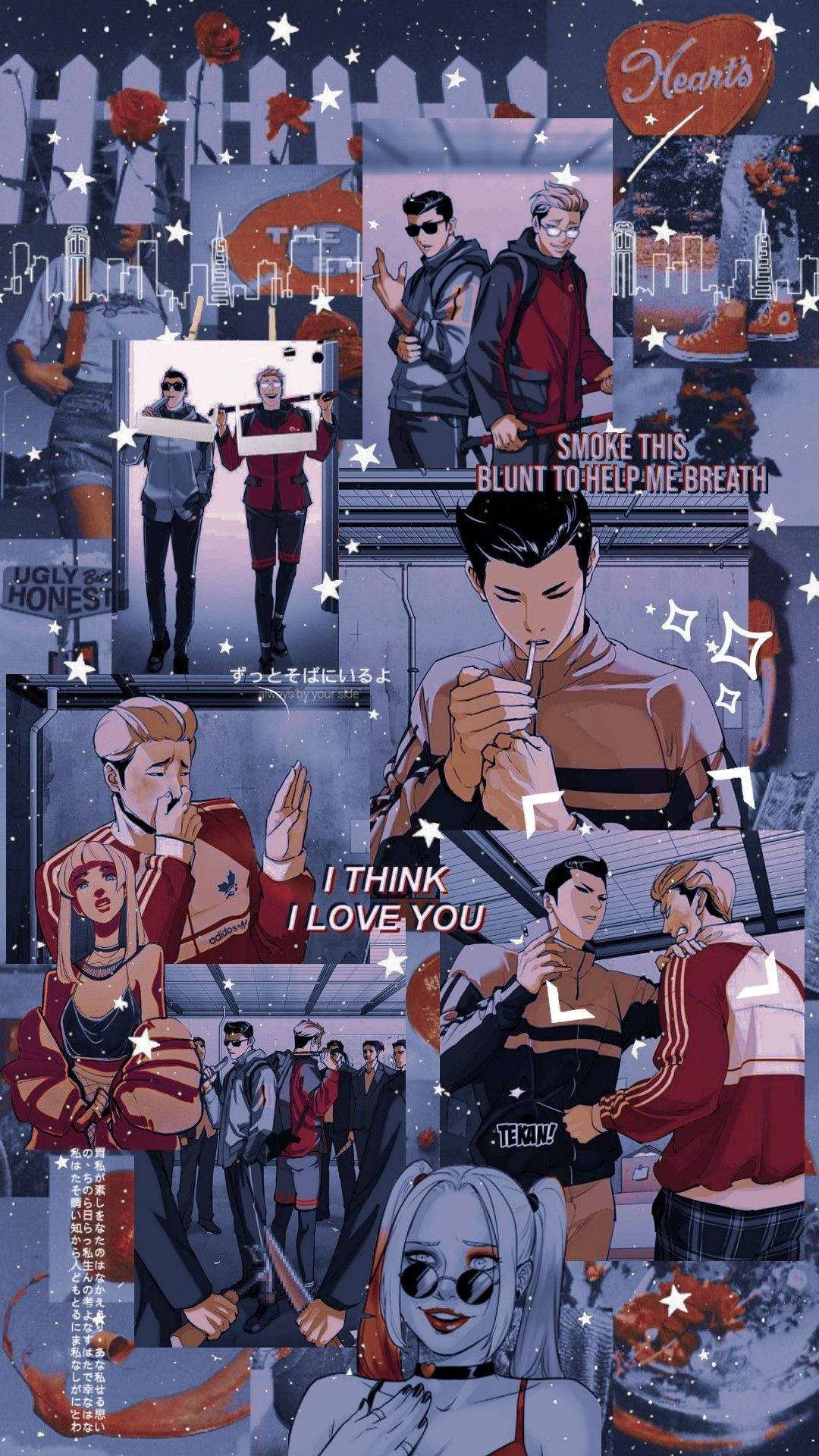 Lookism, red and gray outfits, starry cityscape, Full HD Phone Wallpaper