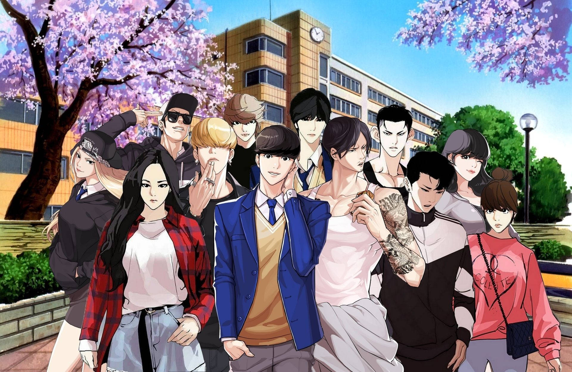 Lookism, anime-style teens, cherry blossom trees, Full HD Desktop Wallpaper