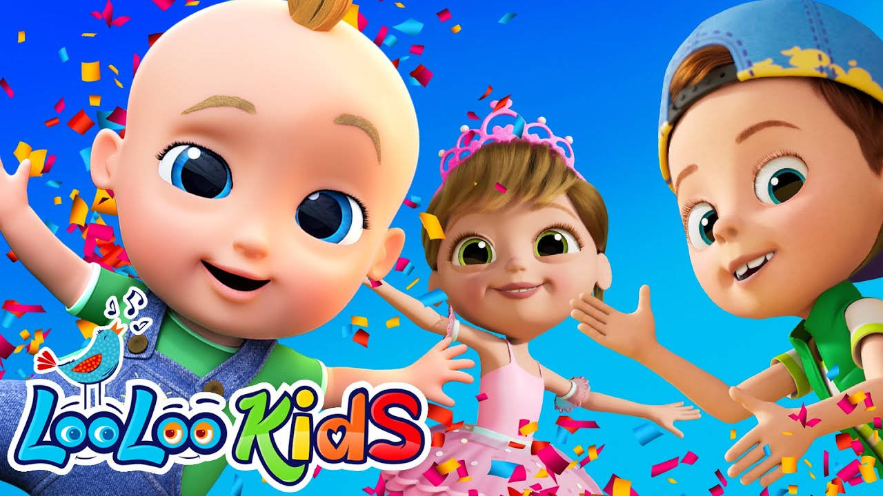 Looloo Kids, confetti party, three cheerful cartoon children, HD Desktop Wallpaper