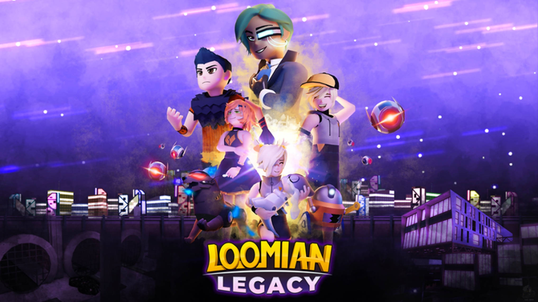 Loomian Legacy, neon purple cityscape, starry night sky, Full HD Desktop Wallpaper