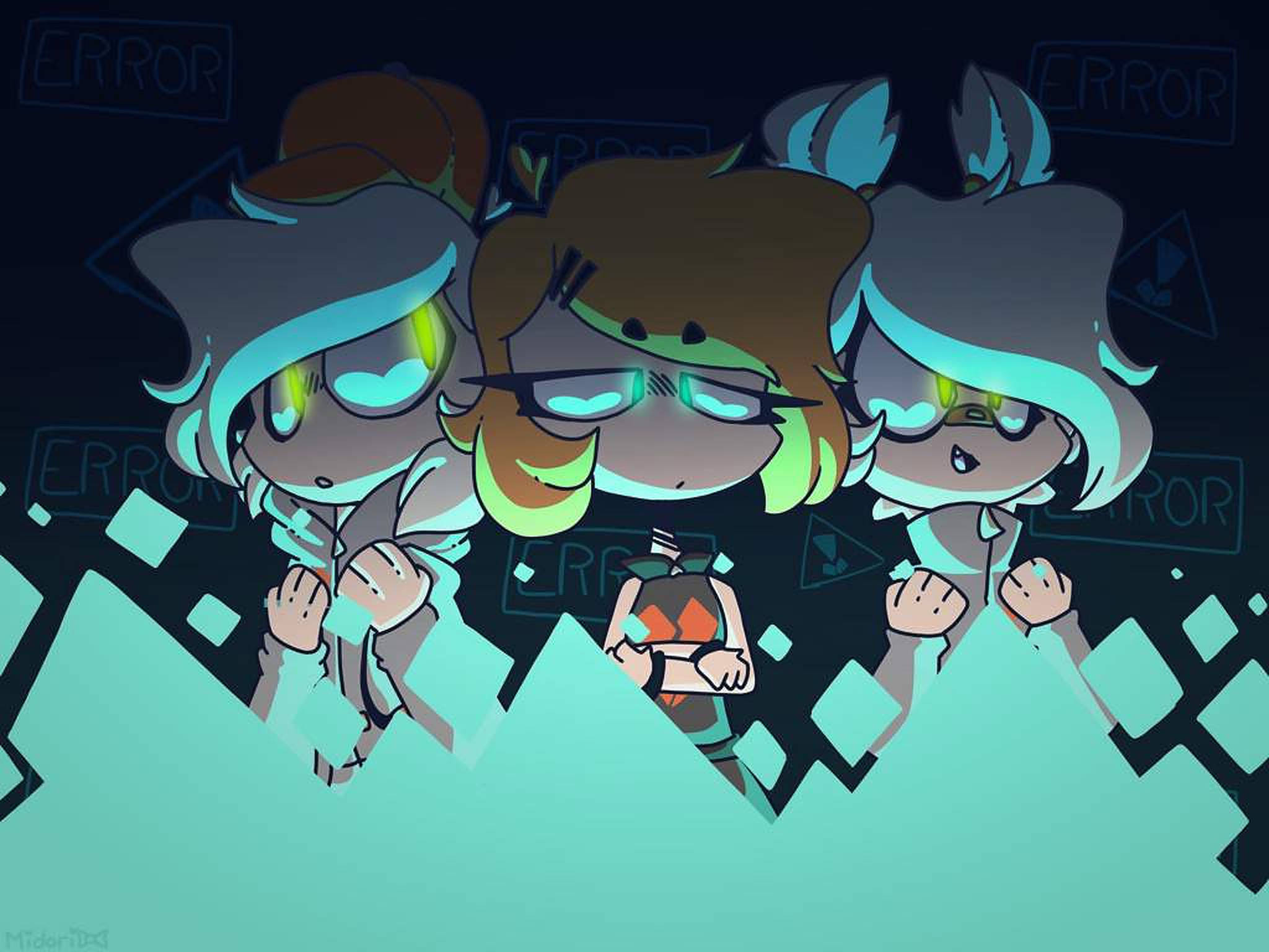 Loomian Legacy, three players, chibi anime characters, Full HD Desktop Wallpaper