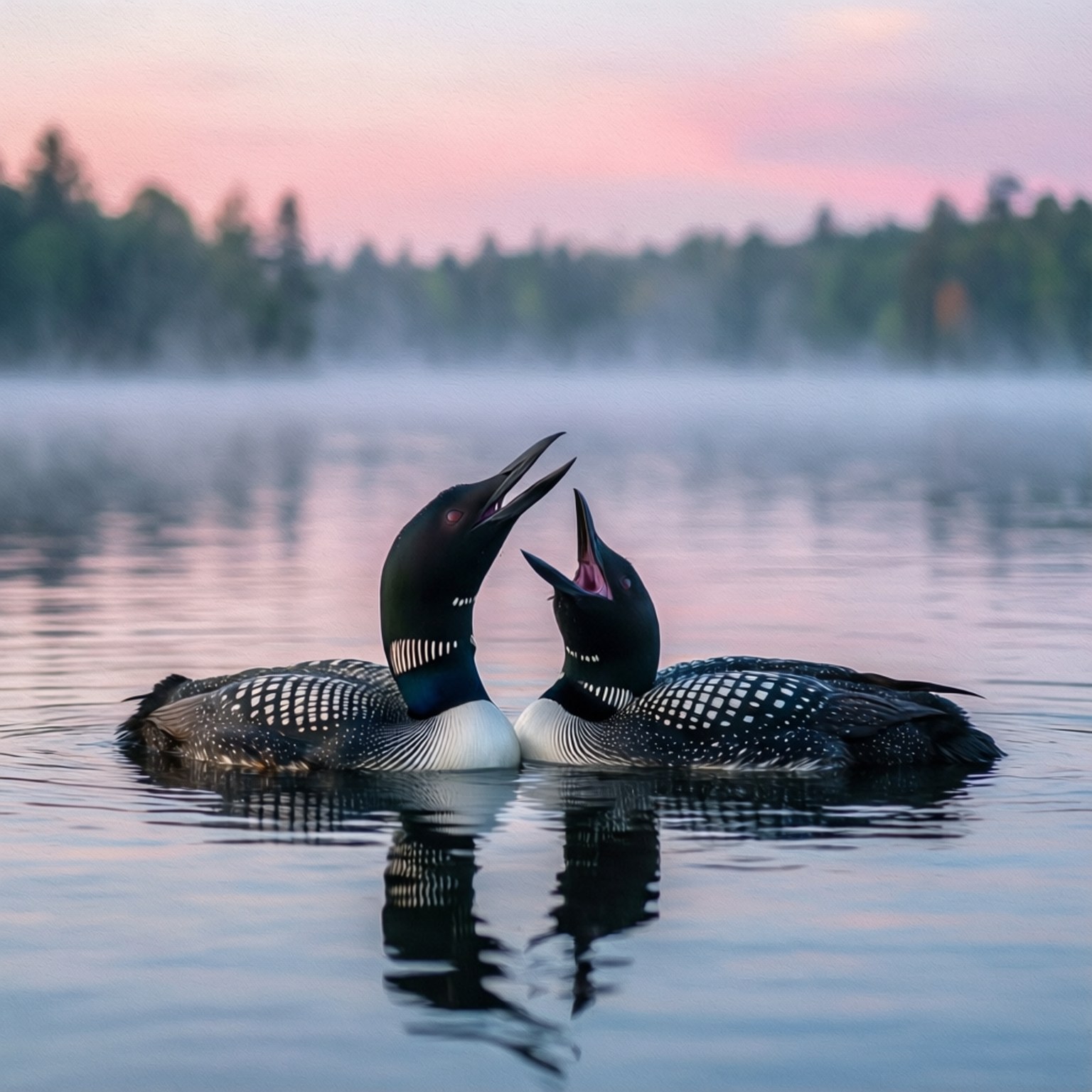 Loons, dawn, misty lake, HD Desktop Wallpaper