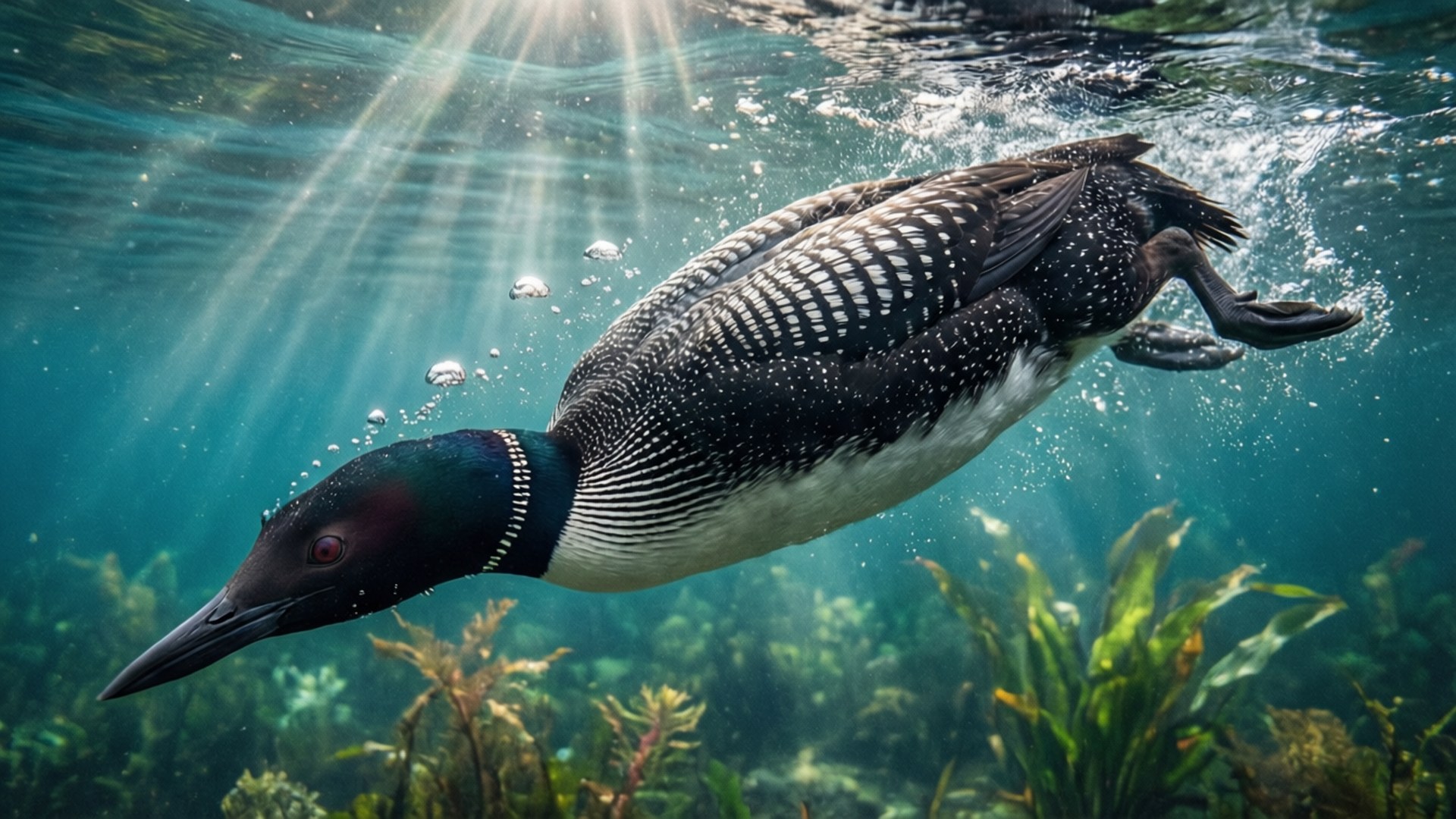 Loon, underwater dive, bubbles, Full HD Desktop Wallpaper