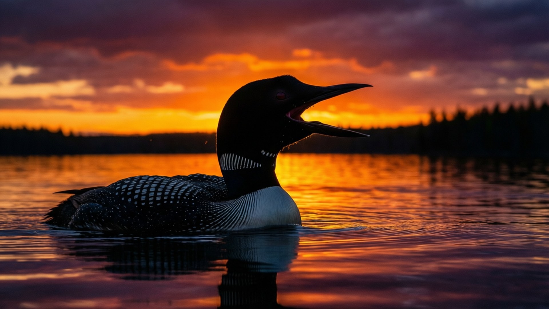 Loon, sunset, still lake, Full HD Desktop Wallpaper