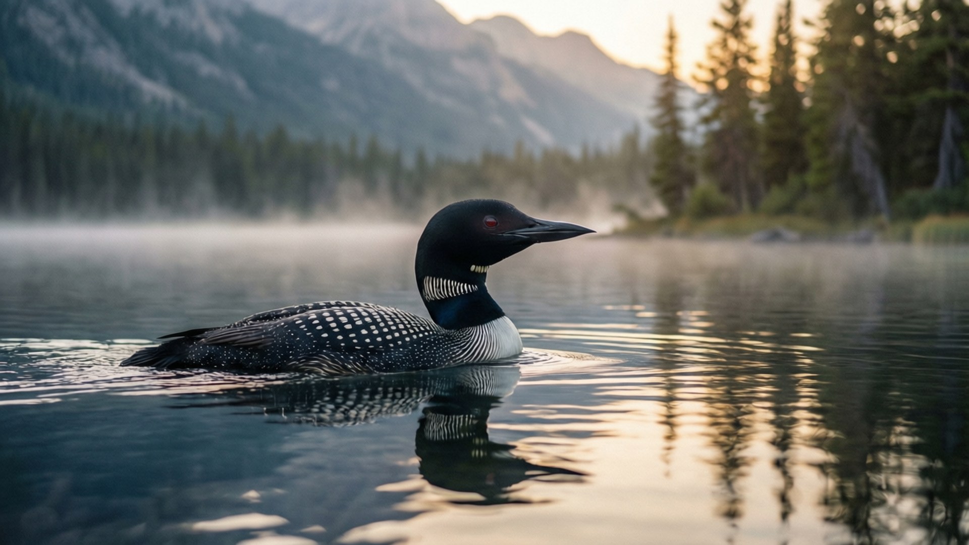 Misty Mountain Loon, misty lake, dawn, Full HD Desktop Wallpaper