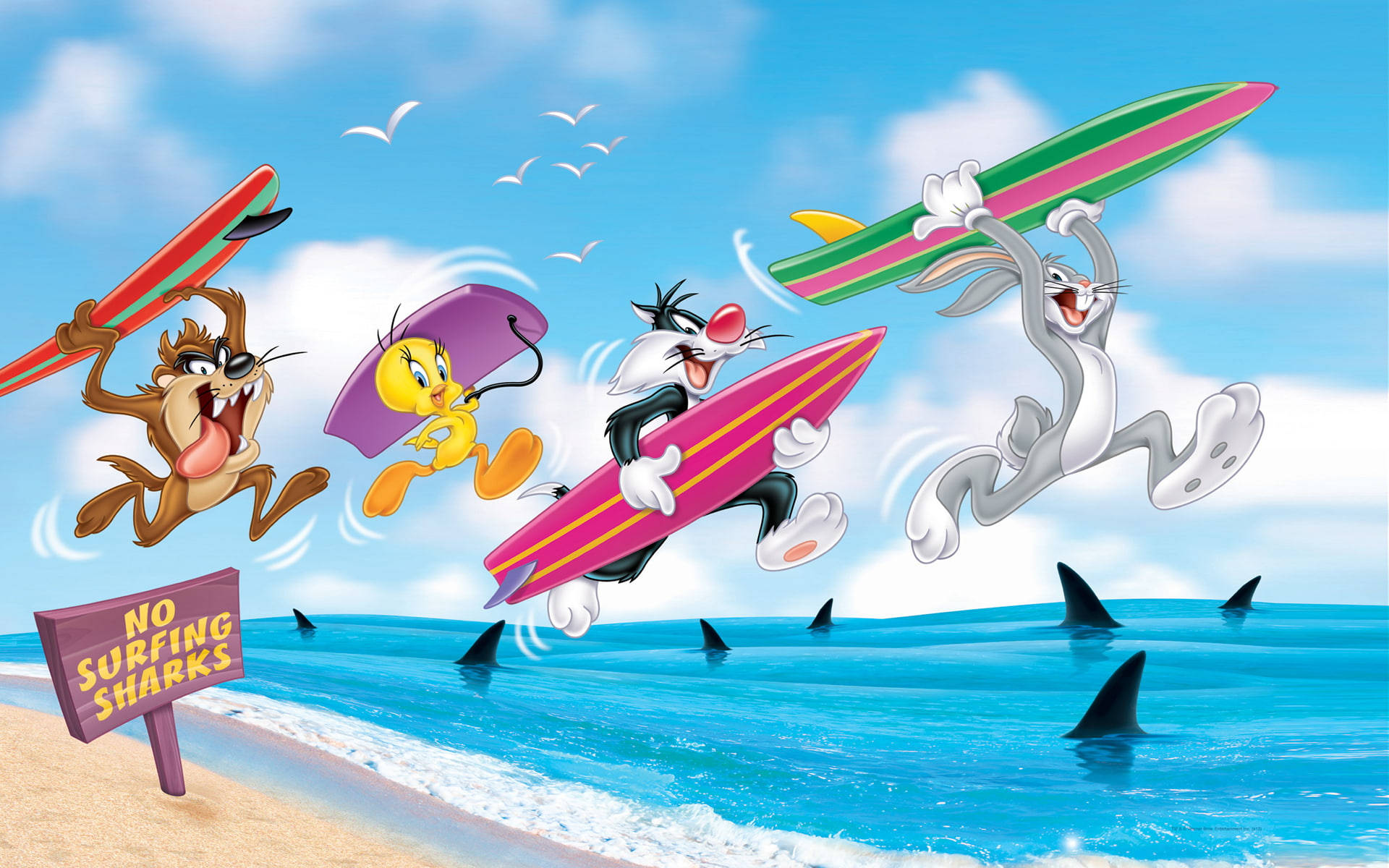 Looney Tunes, surfing with sharks, classic cartoon characters, Full HD Desktop Wallpaper
