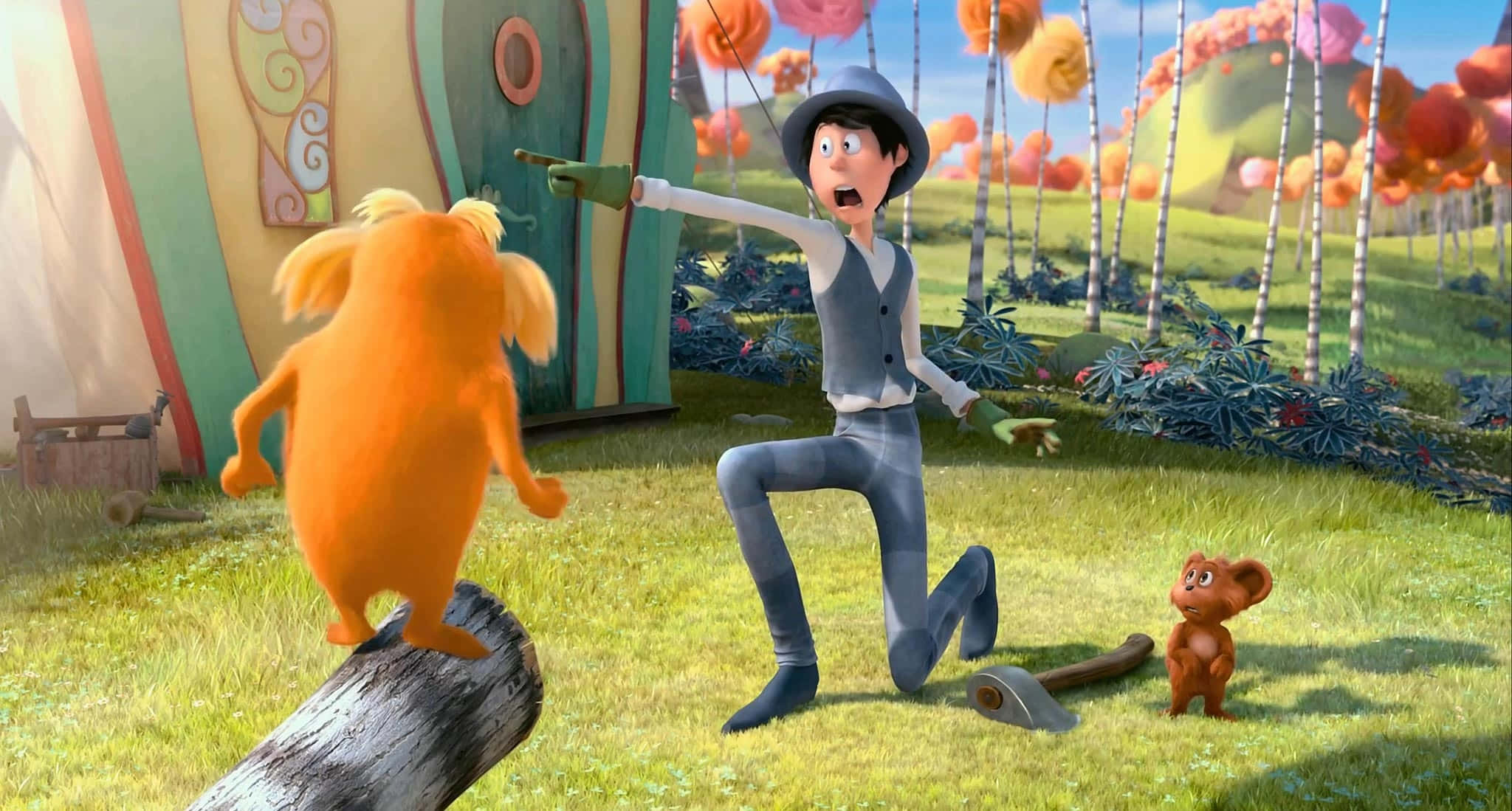 Lorax, giant orange creature, small brown creature, Full HD Desktop Wallpaper