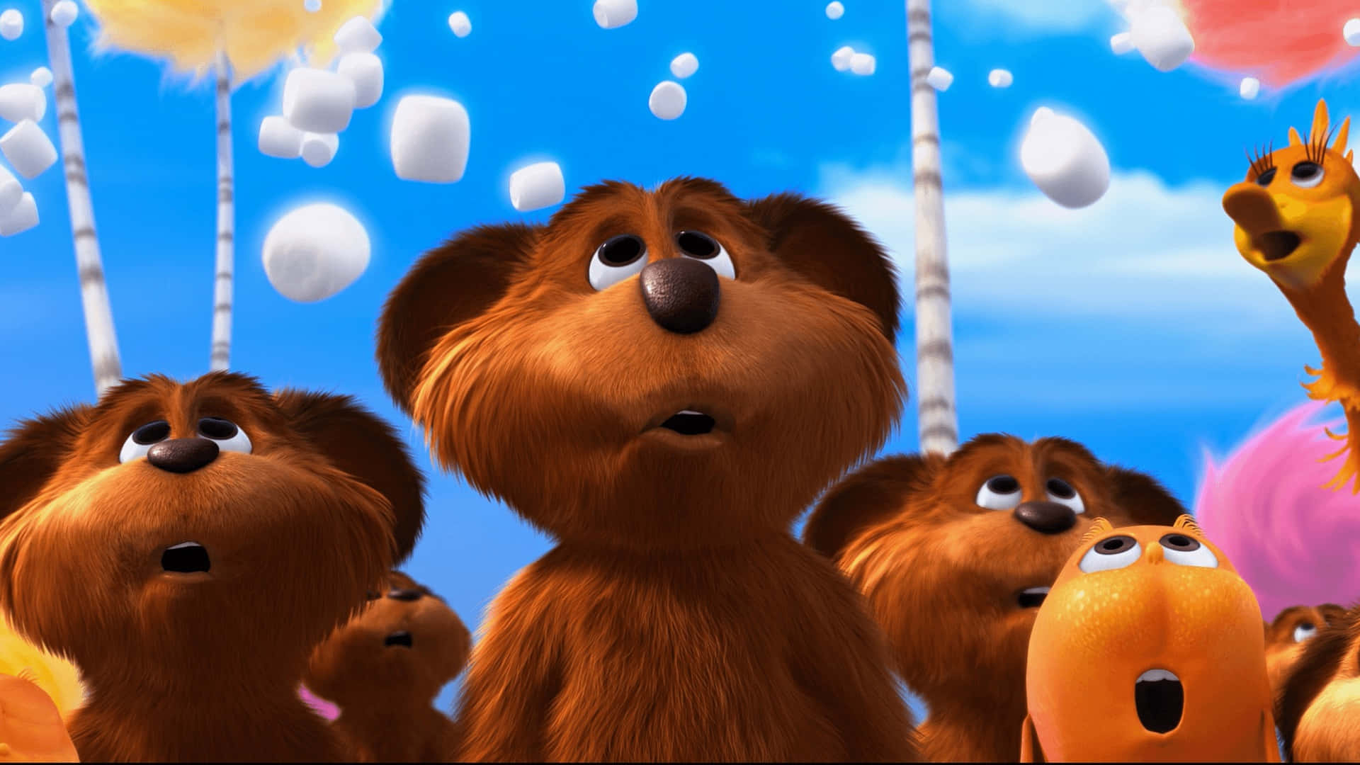 Lorax, fluffy brown animated bears, yellow bird, Full HD Desktop Wallpaper