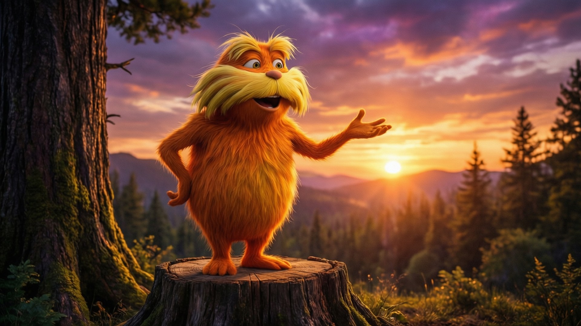 Lorax, tree stump, sunset, Full HD Desktop Wallpaper