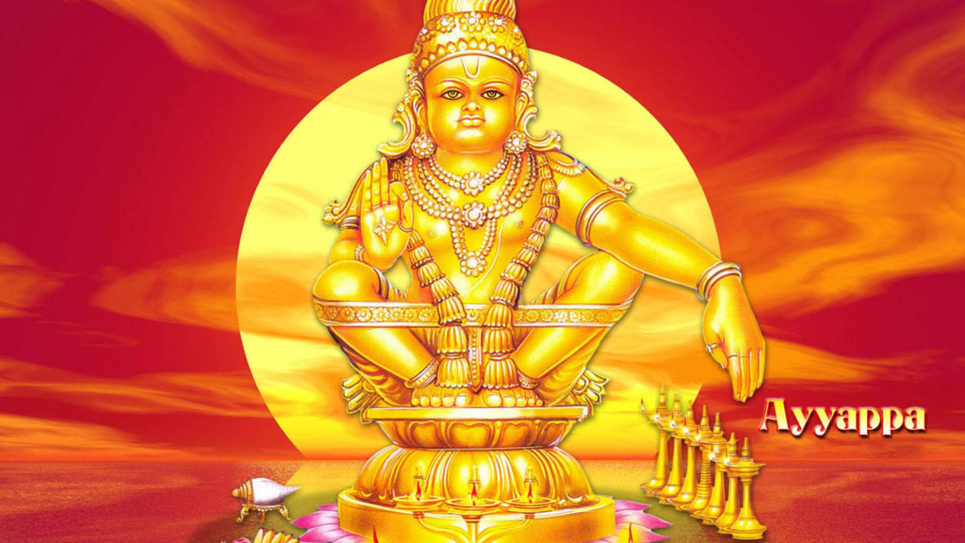 Lord Ayyappa, golden statue, lotus pedestal, Full HD Desktop Wallpaper
