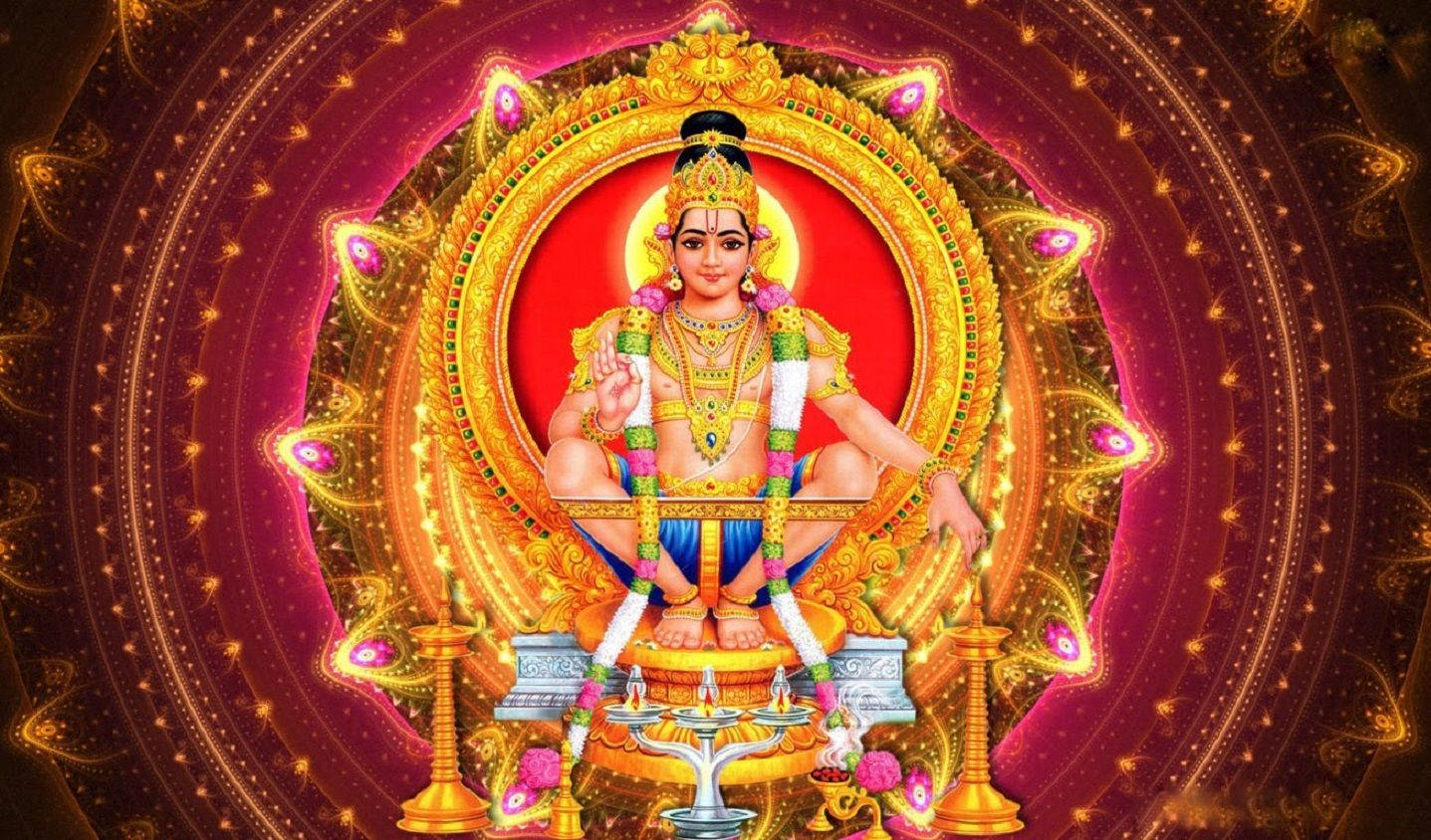 Lord Ayyappa, circular mandala, golden deity, HD Desktop Wallpaper