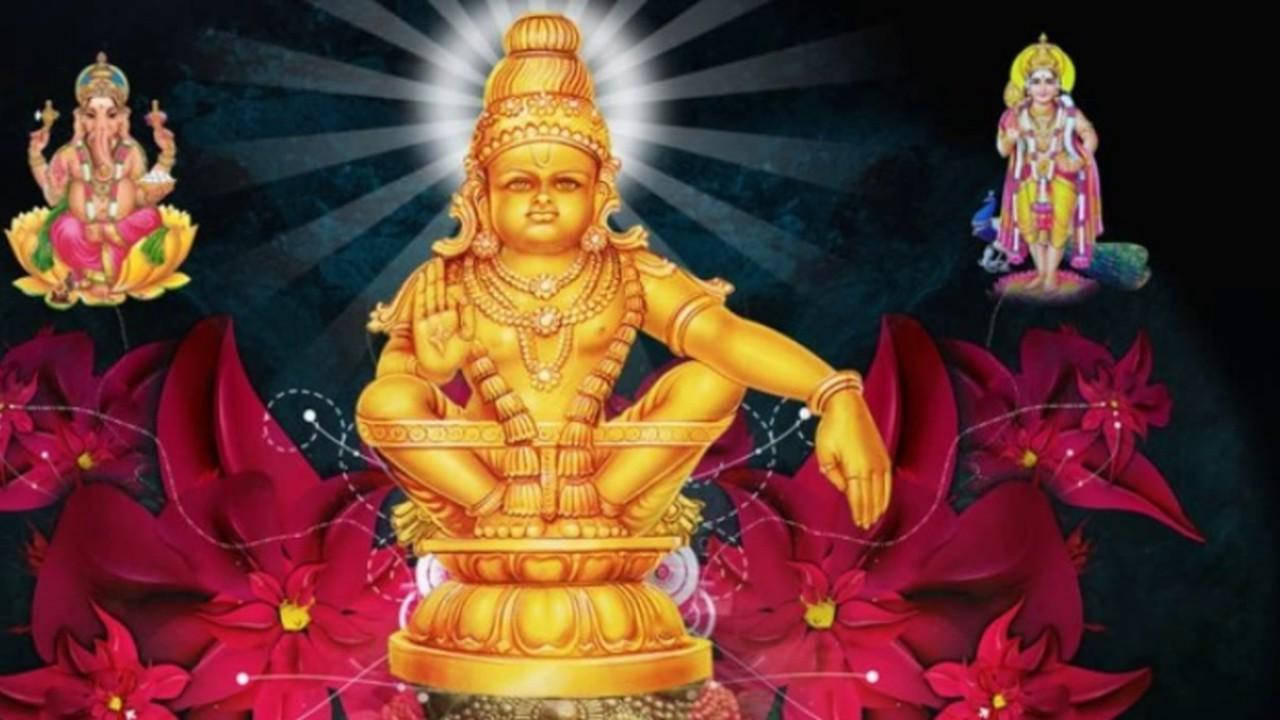 Lord Ayyappa, golden Hindu deity statue, vibrant red flowers, HD Desktop Wallpaper