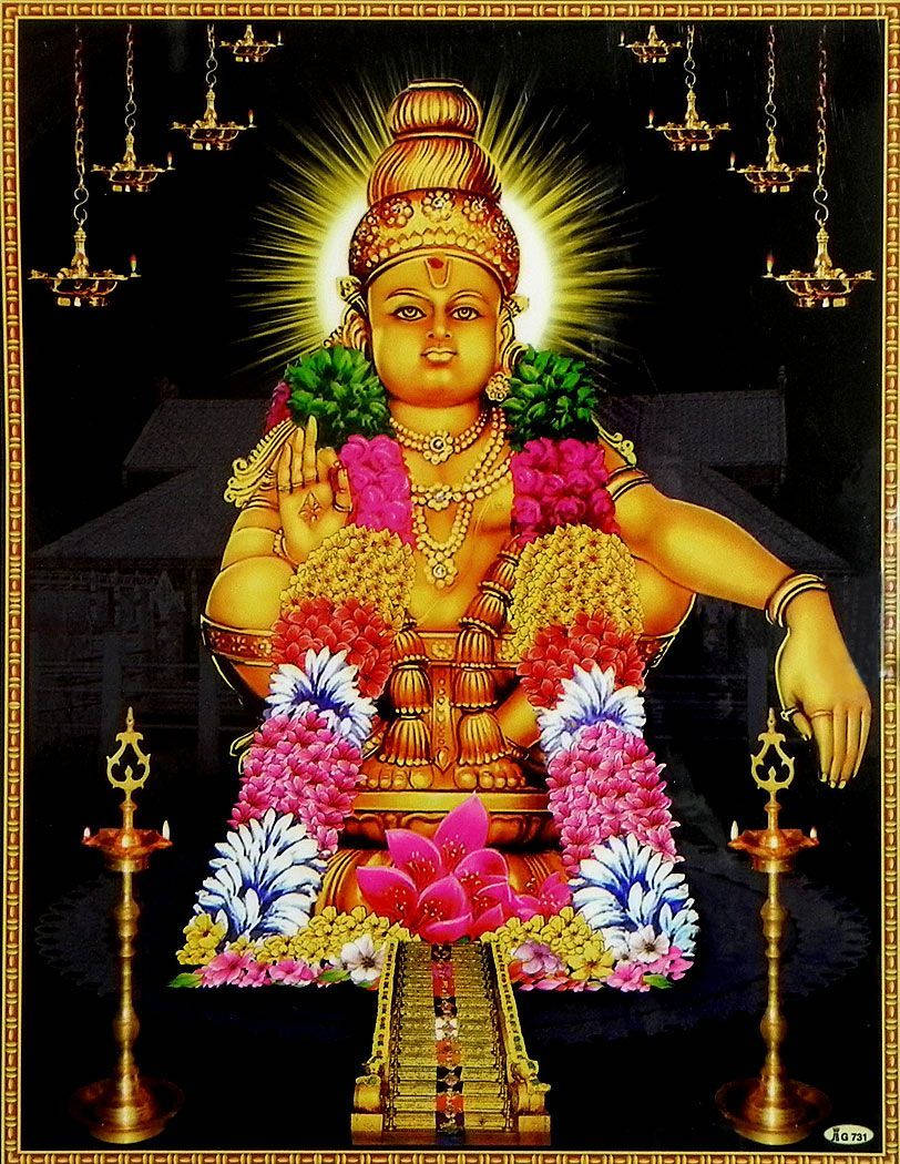 Lord Ayyappa, several candles, golden deity, SD Phone Wallpaper