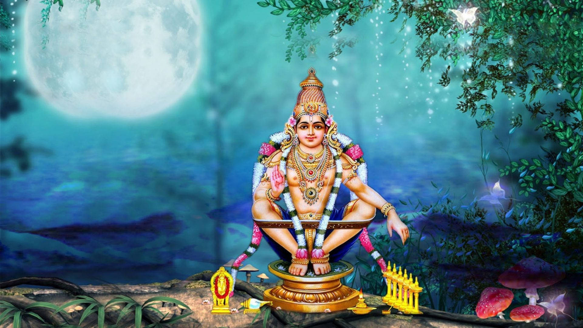 Lord Ayyappa, golden throne, glowing full moon, Full HD Desktop Wallpaper