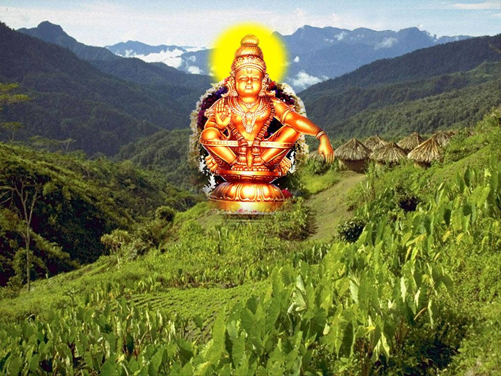 Lord Ayyappa, golden deity statue, lush green mountain ridge, SD Desktop Wallpaper