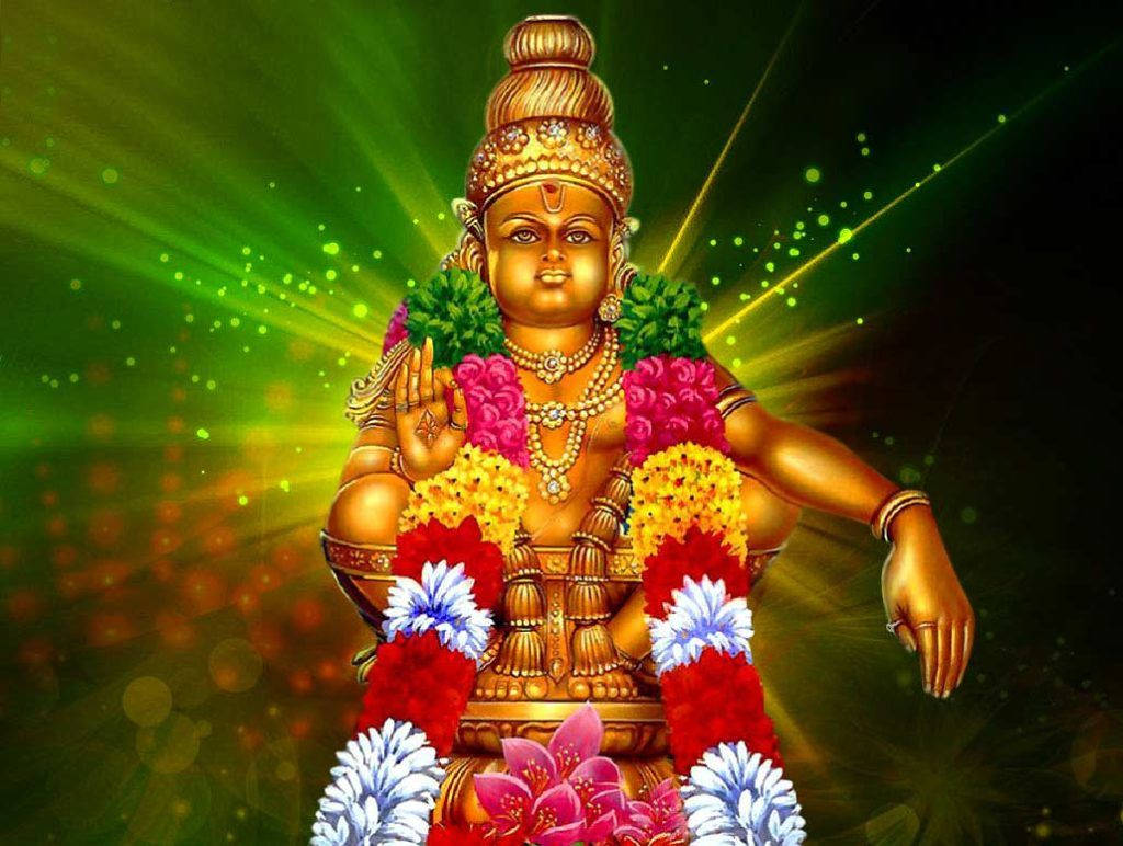 Lord Ayyappa, golden deity, vibrant floral garlands, SD Desktop Wallpaper