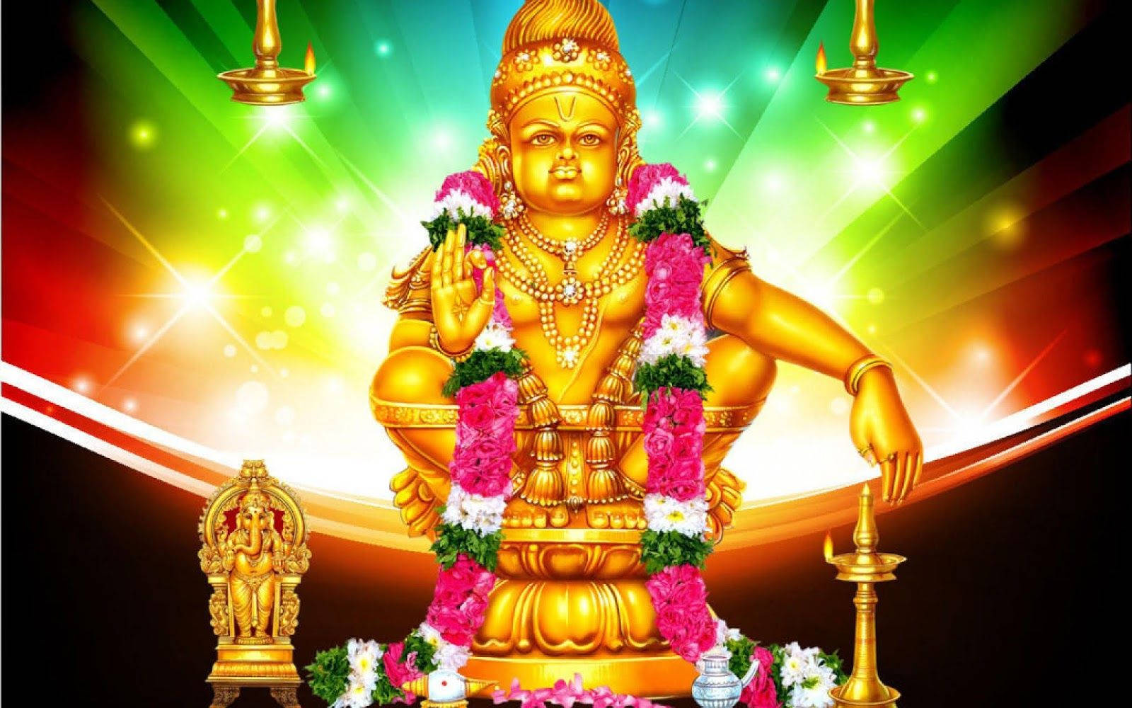 Lord Ayyappa, rainbow gradient backdrop, golden deity, HD Desktop Wallpaper