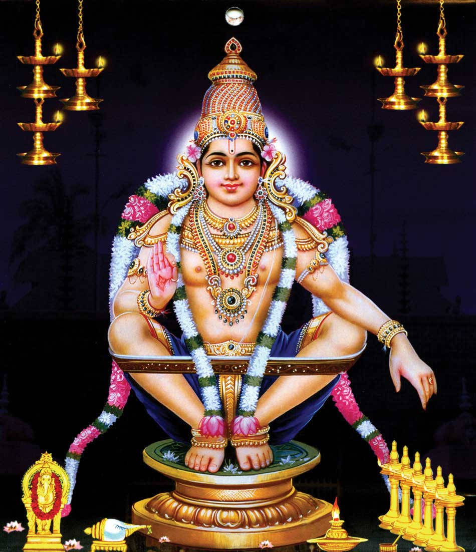 Lord Ayyappa, gold jewelry, floral garlands, SD Phone Wallpaper
