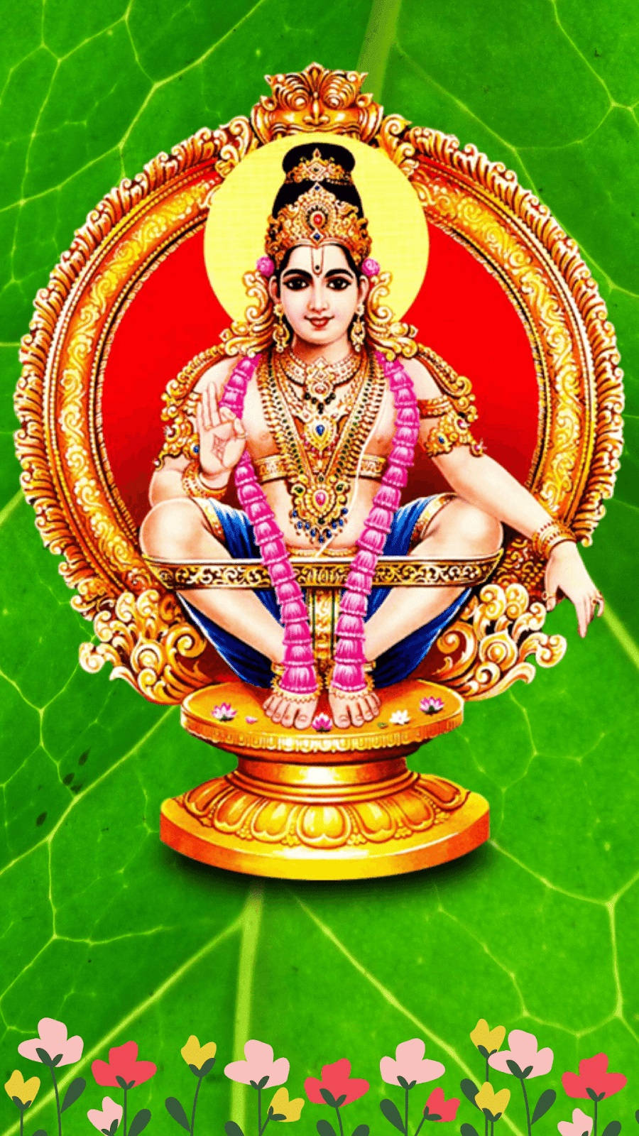 Lord Ayyappa, gold jewelry, pink garlands, HD Phone Wallpaper