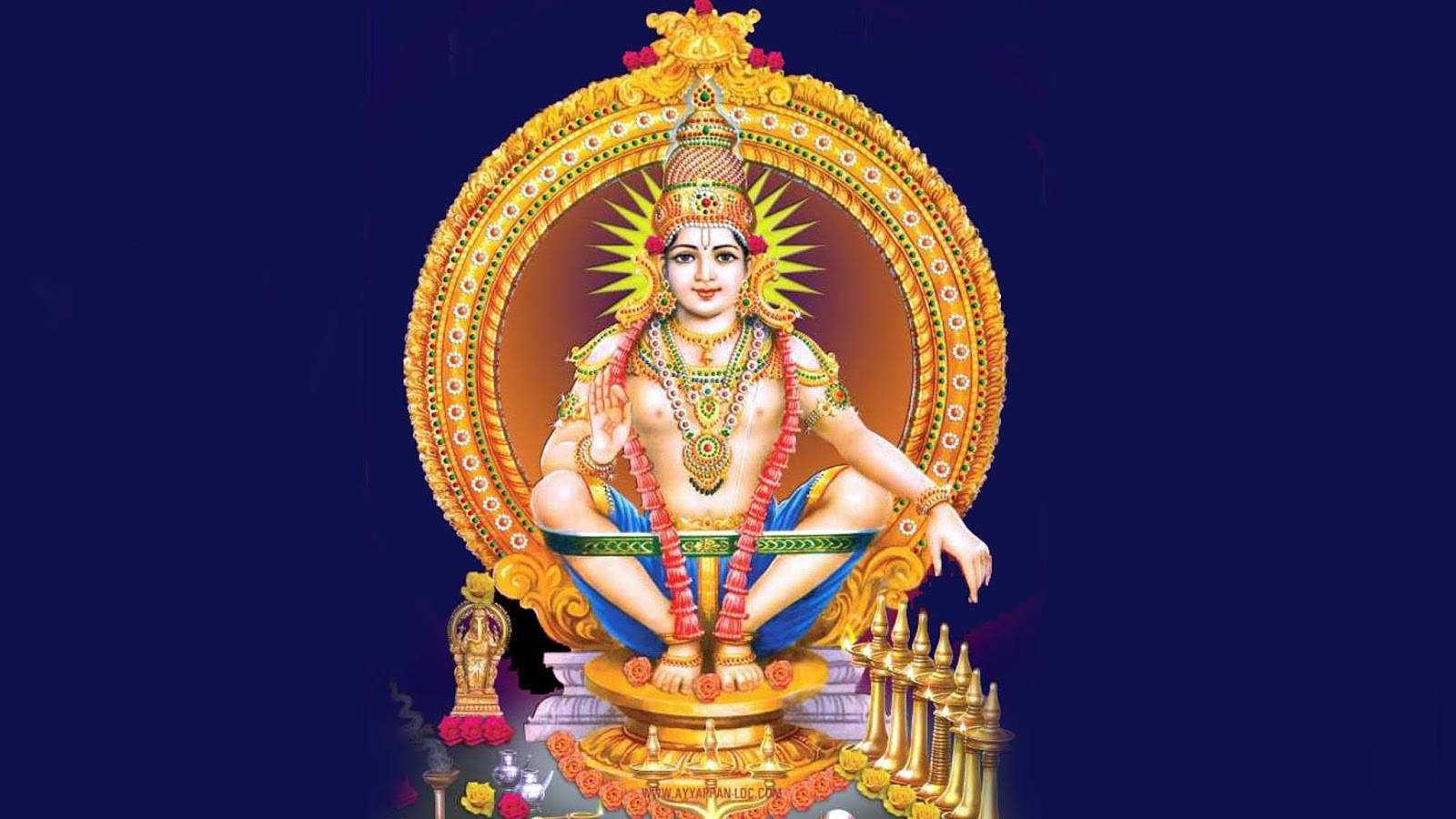 Lord Ayyappa, golden deity, intricate jewelry, HD Desktop Wallpaper
