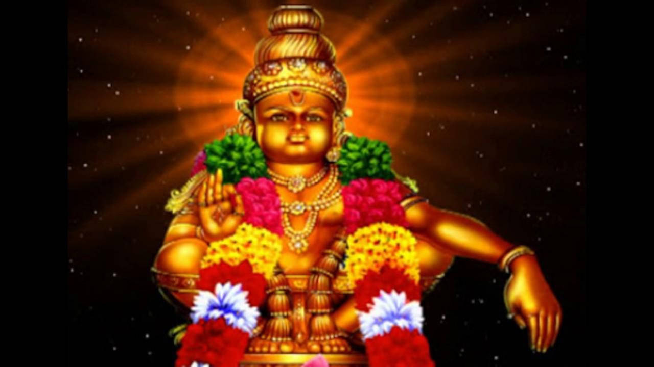 Lord Ayyappa, colorful flower garlands, golden deity, HD Desktop Wallpaper